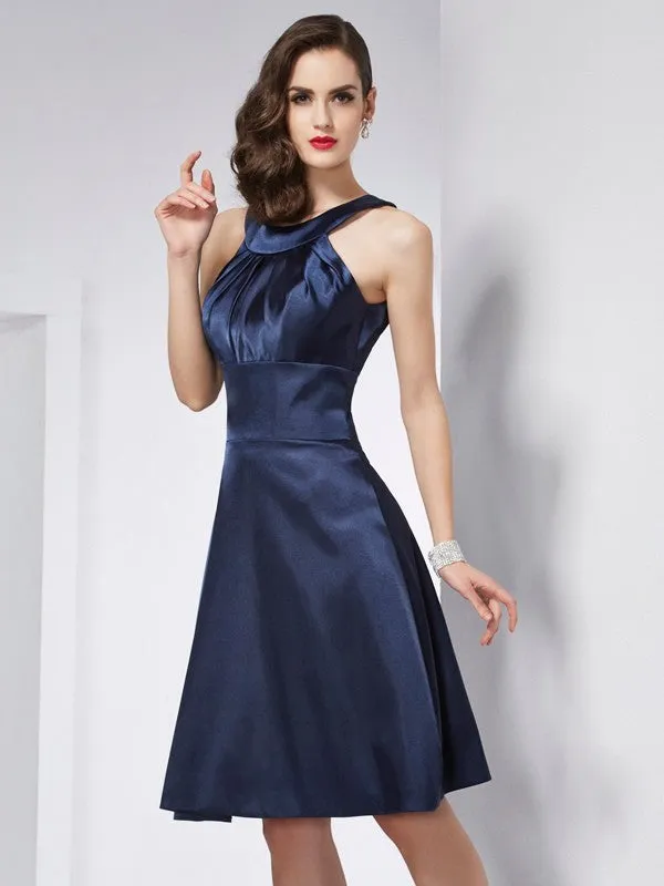 A-Line Woven Satin Scoop Sleeveless Knee-Length With Pleats Bridesmaid Dresses