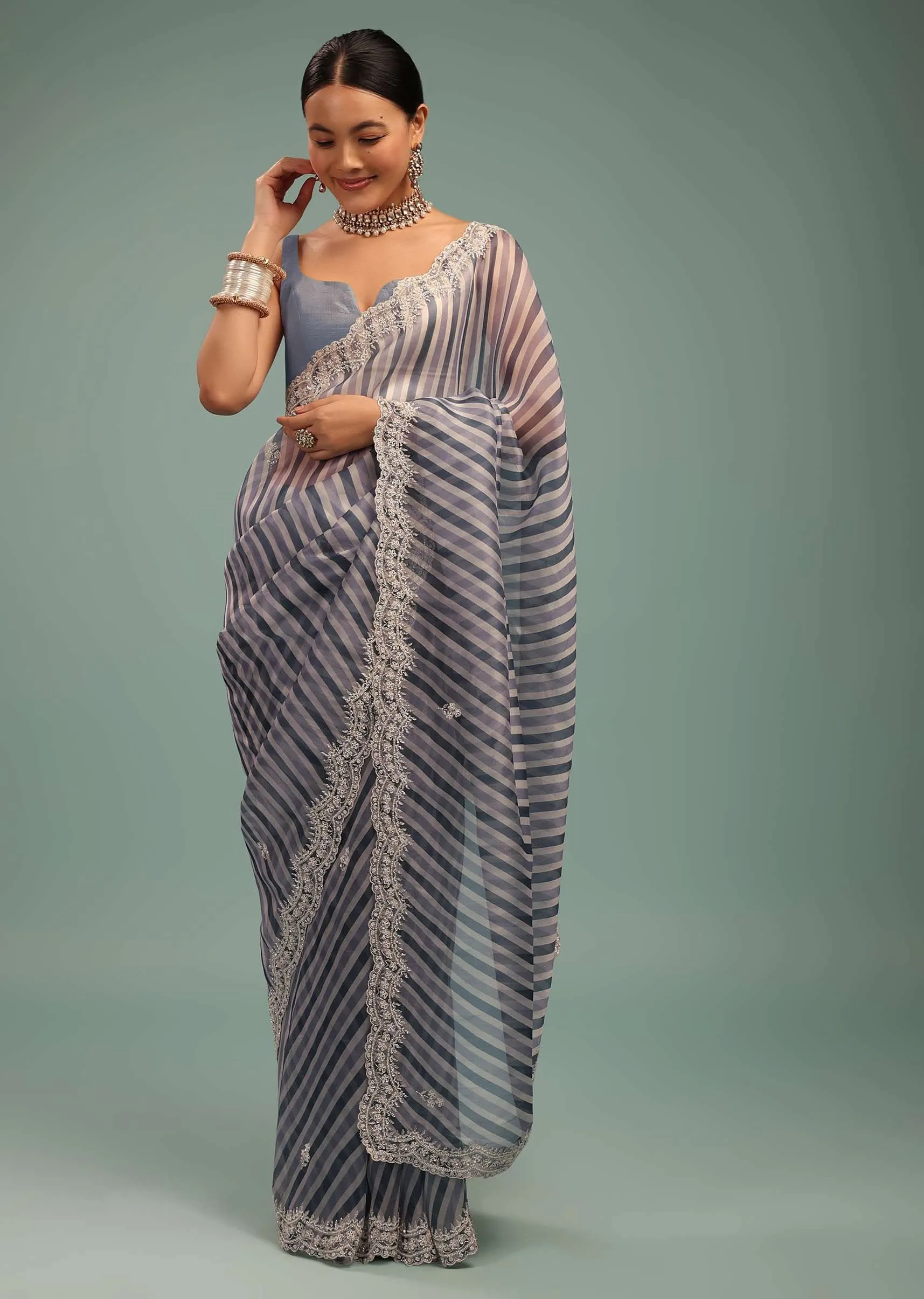 Airforce Blue Saree In Organza With Leheriya Print And Beads Embroidery