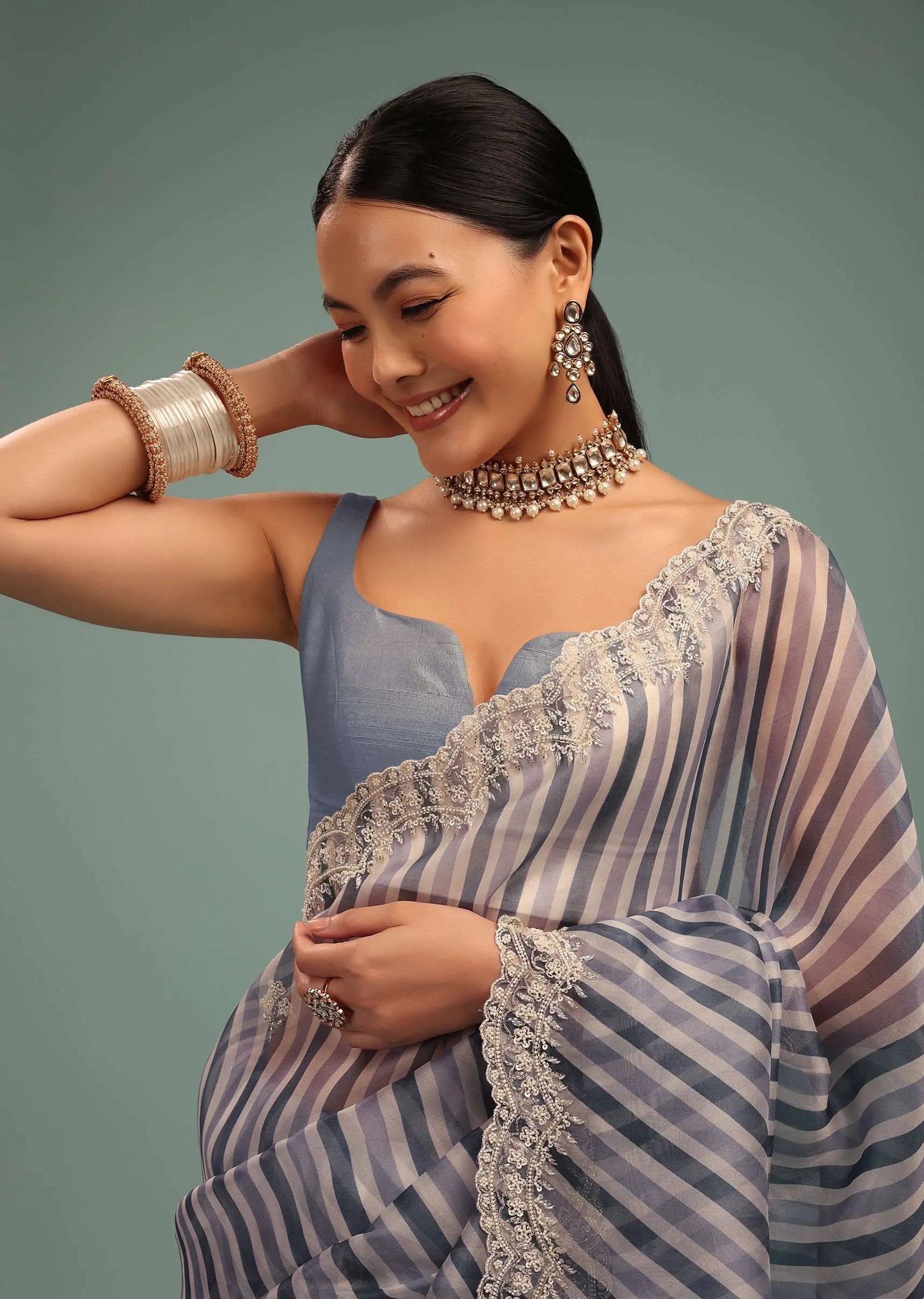 Airforce Blue Saree In Organza With Leheriya Print And Beads Embroidery