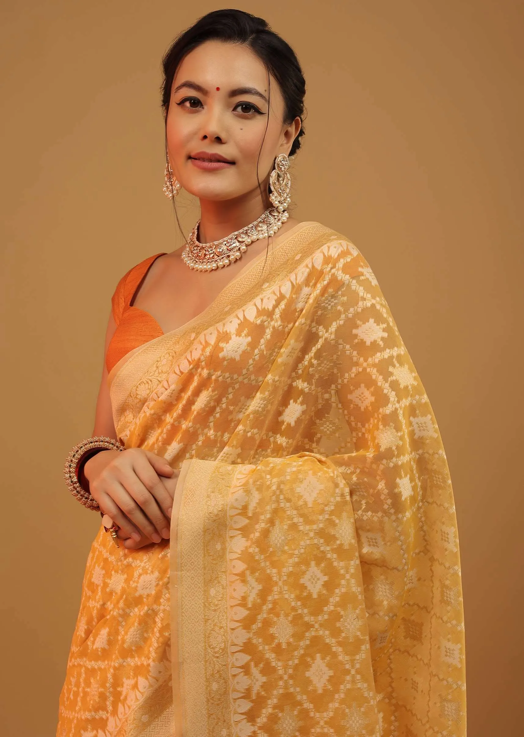 Amber Yellow Saree In Pure Cotton Handloom And Weaving In Banarasi Chanderi