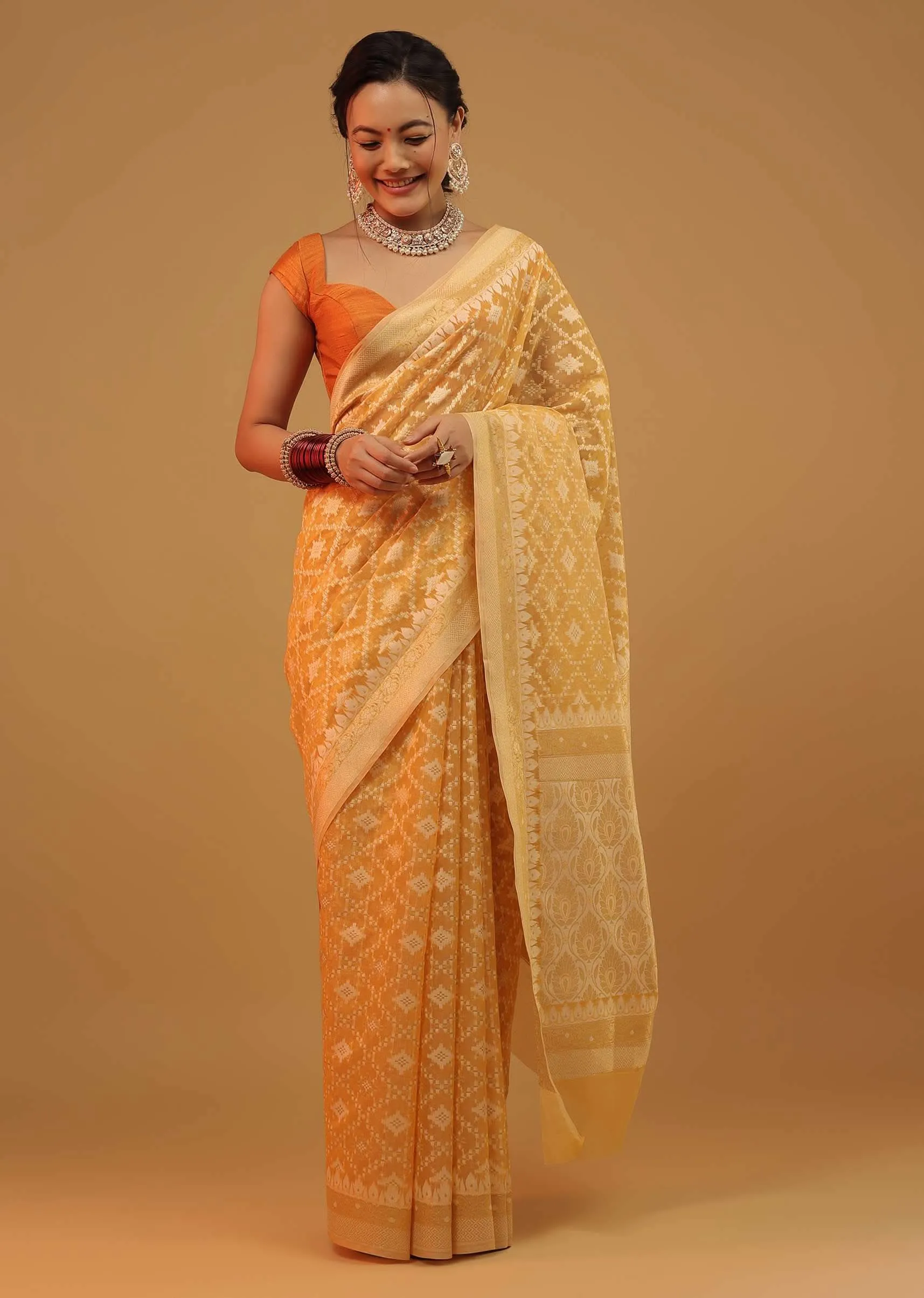 Amber Yellow Saree In Pure Cotton Handloom And Weaving In Banarasi Chanderi
