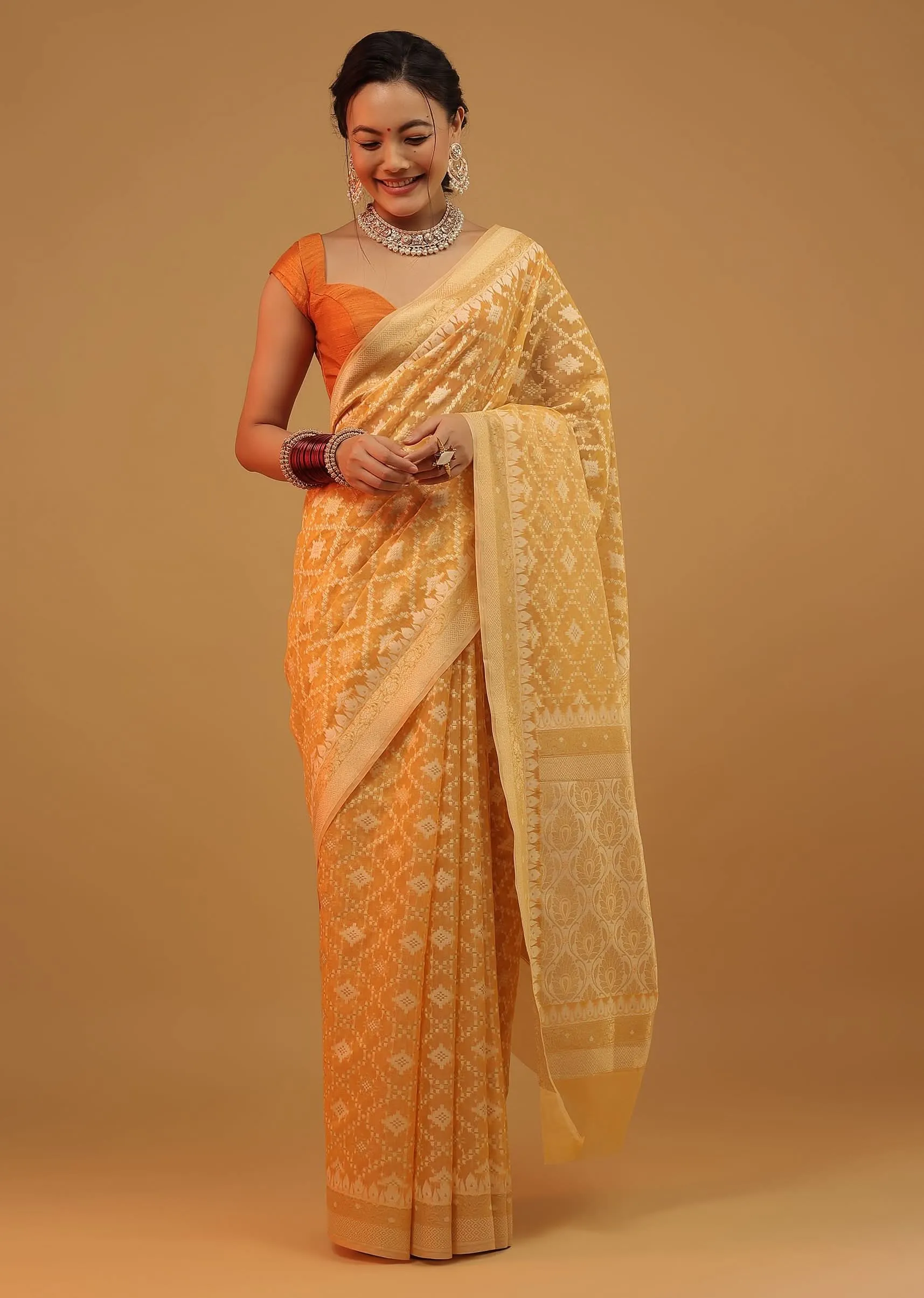 Amber Yellow Saree In Pure Cotton Handloom And Weaving In Banarasi Chanderi