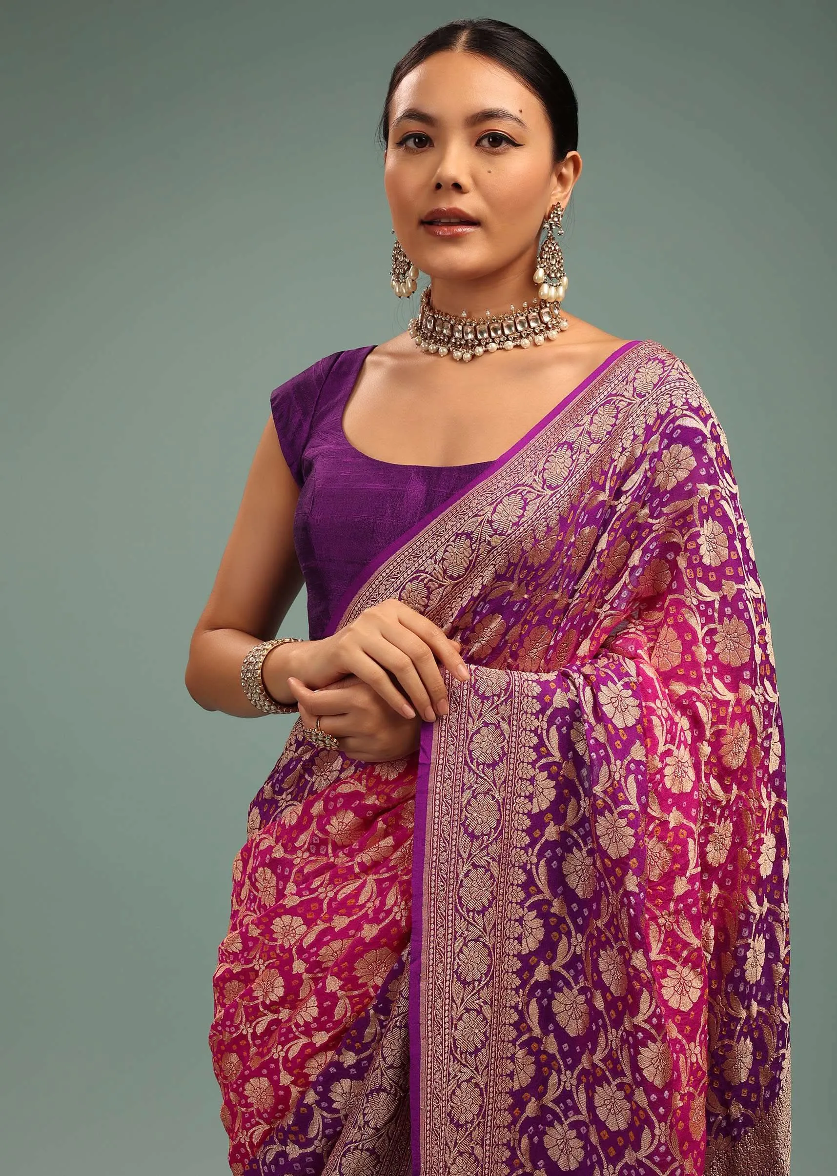 Authentic Dual-Tone Purple And Pink Saree In Bandhani Handwoven Georgette With Floral Jaal Weave