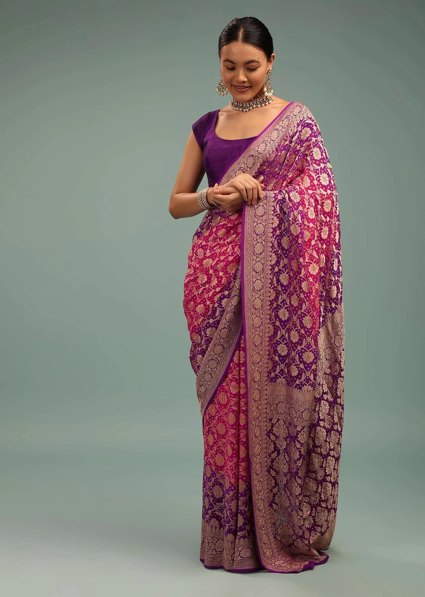 Authentic Dual-Tone Purple And Pink Saree In Bandhani Handwoven Georgette With Floral Jaal Weave