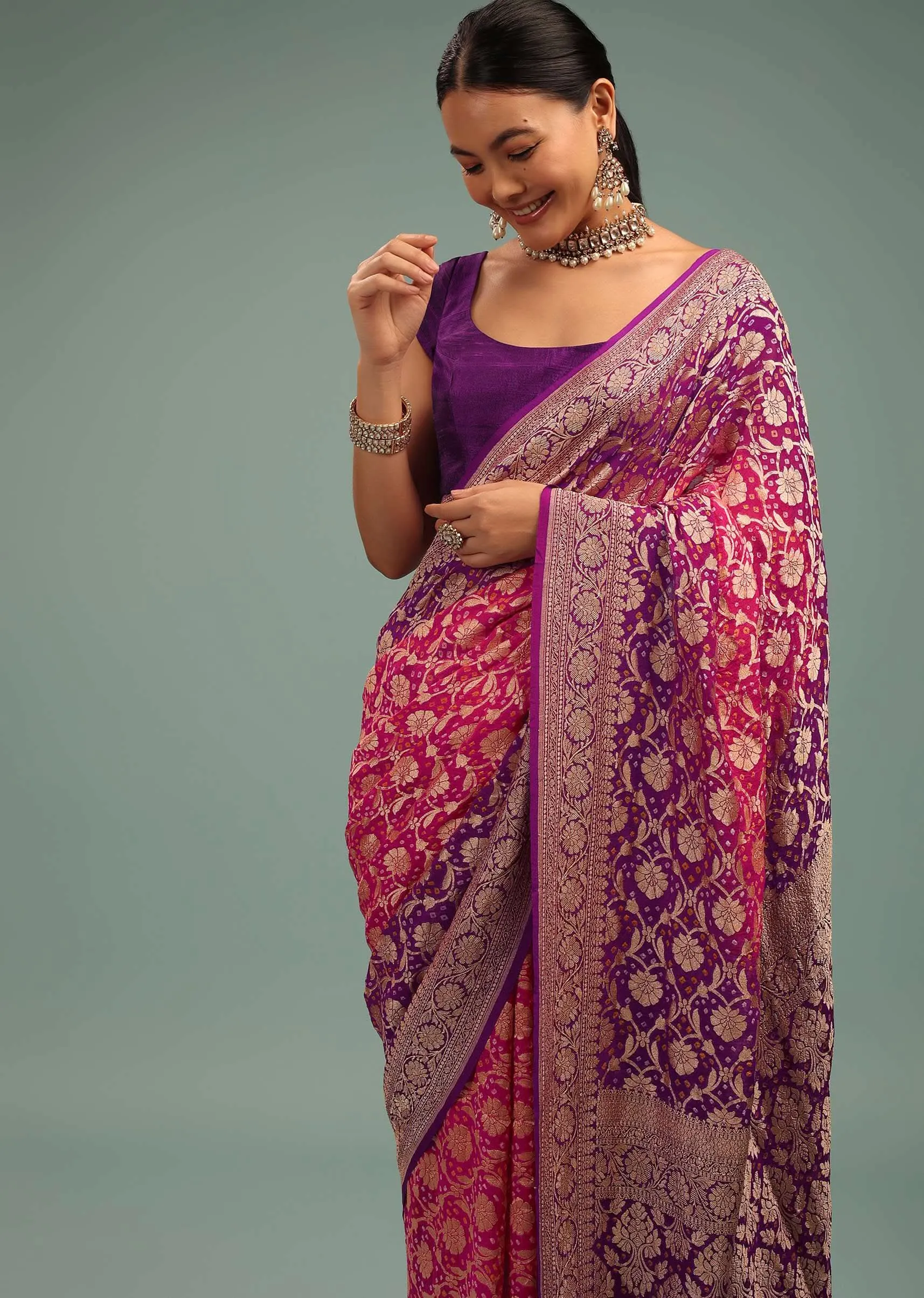 Authentic Dual-Tone Purple And Pink Saree In Bandhani Handwoven Georgette With Floral Jaal Weave
