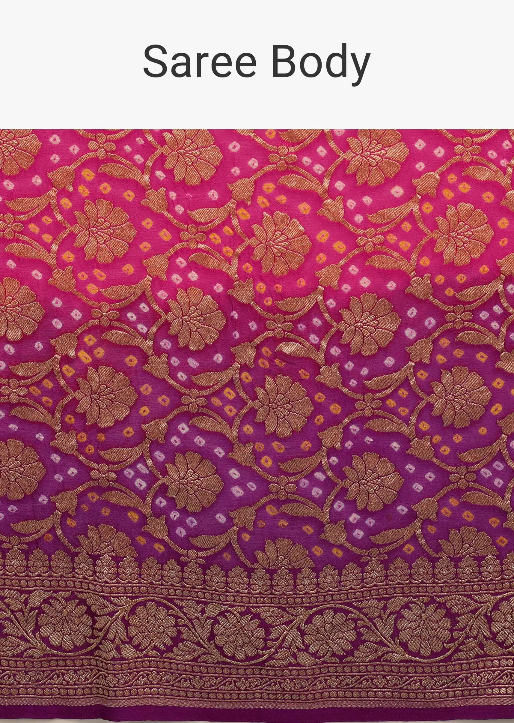Authentic Dual-Tone Purple And Pink Saree In Bandhani Handwoven Georgette With Floral Jaal Weave