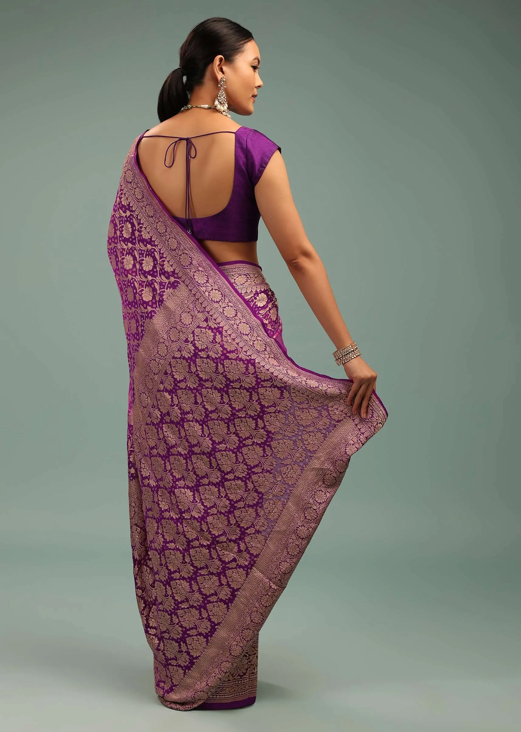 Authentic Dual-Tone Purple And Pink Saree In Bandhani Handwoven Georgette With Floral Jaal Weave