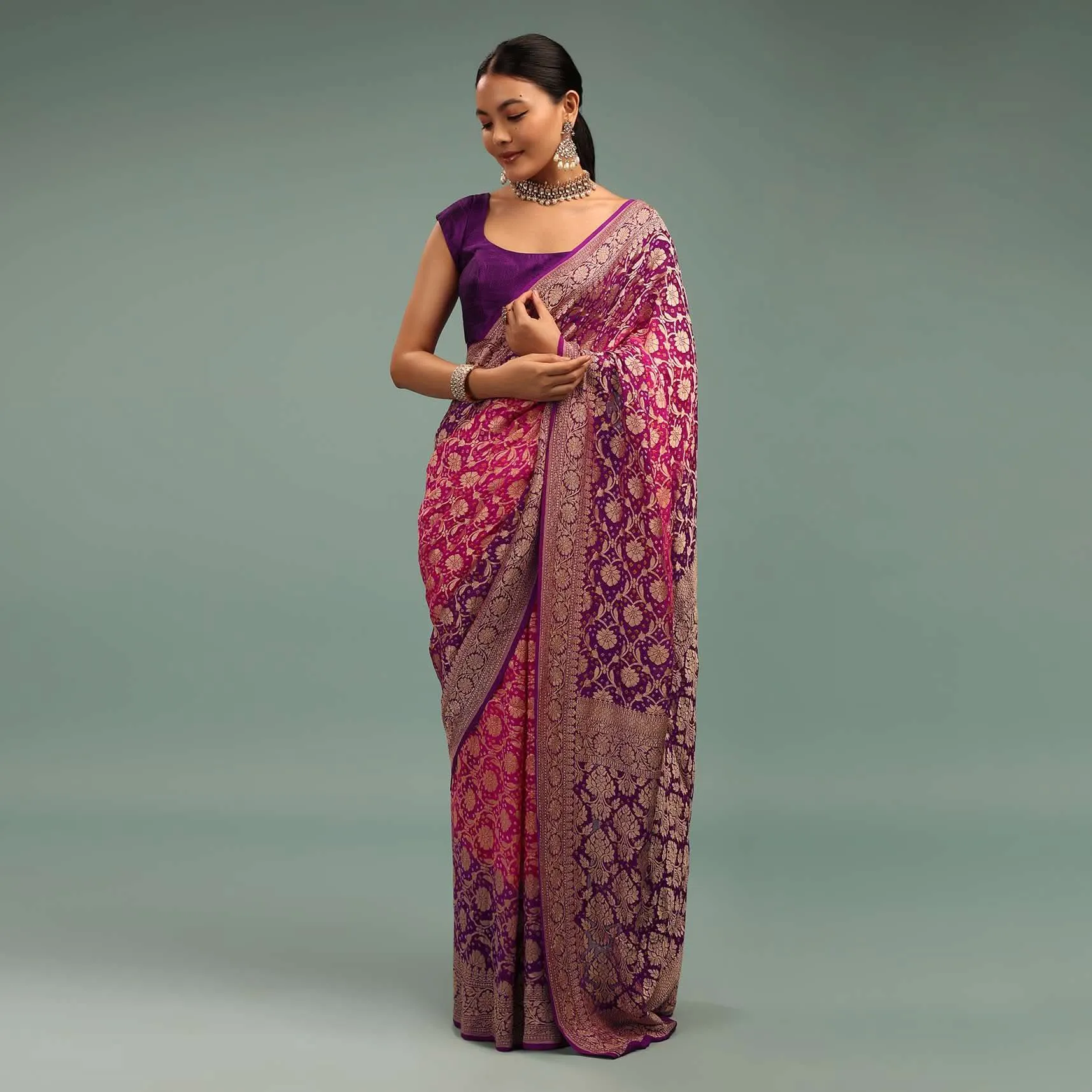 Authentic Dual-Tone Purple And Pink Saree In Bandhani Handwoven Georgette With Floral Jaal Weave