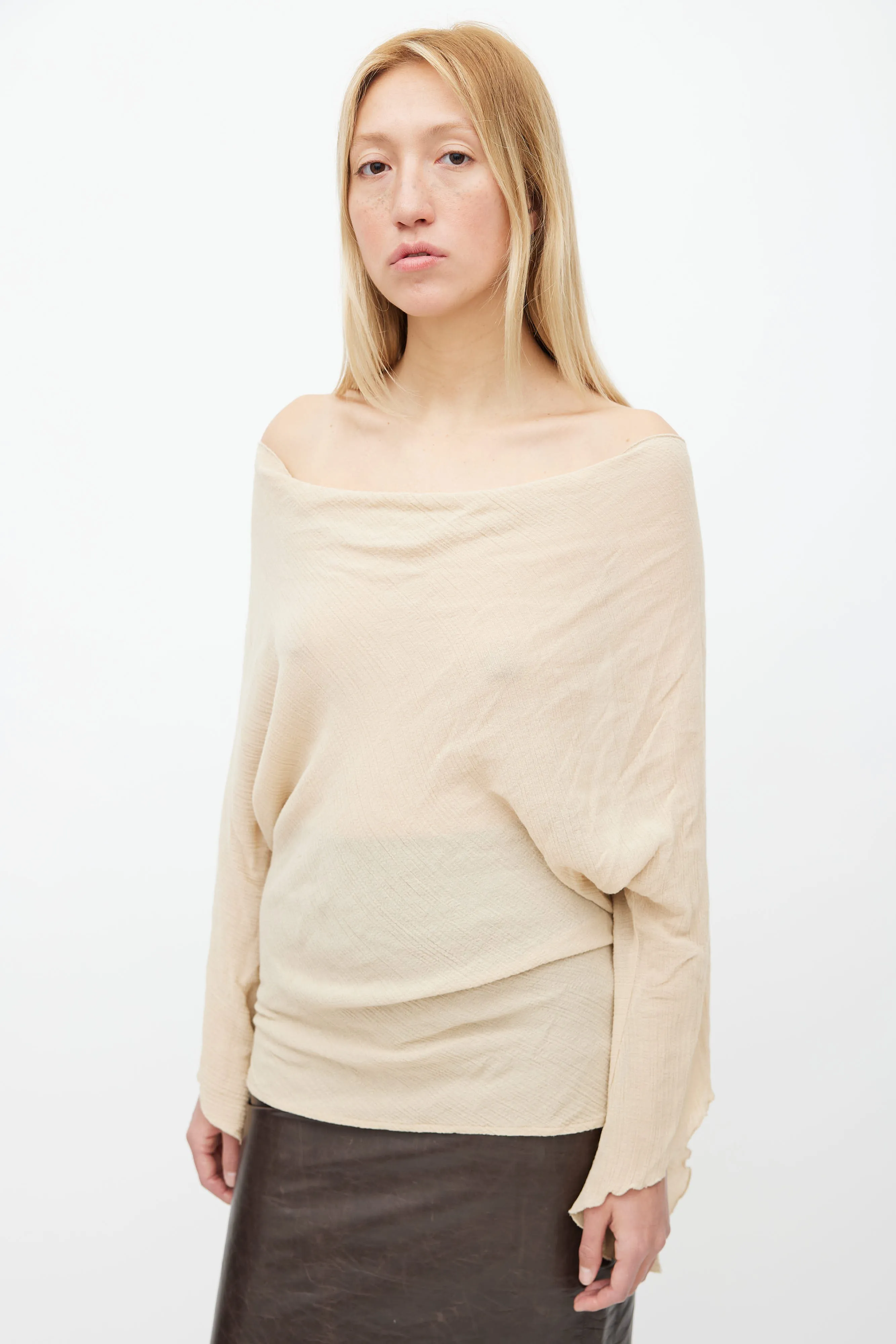 Beige Semi Sheer Cowl Neck Top