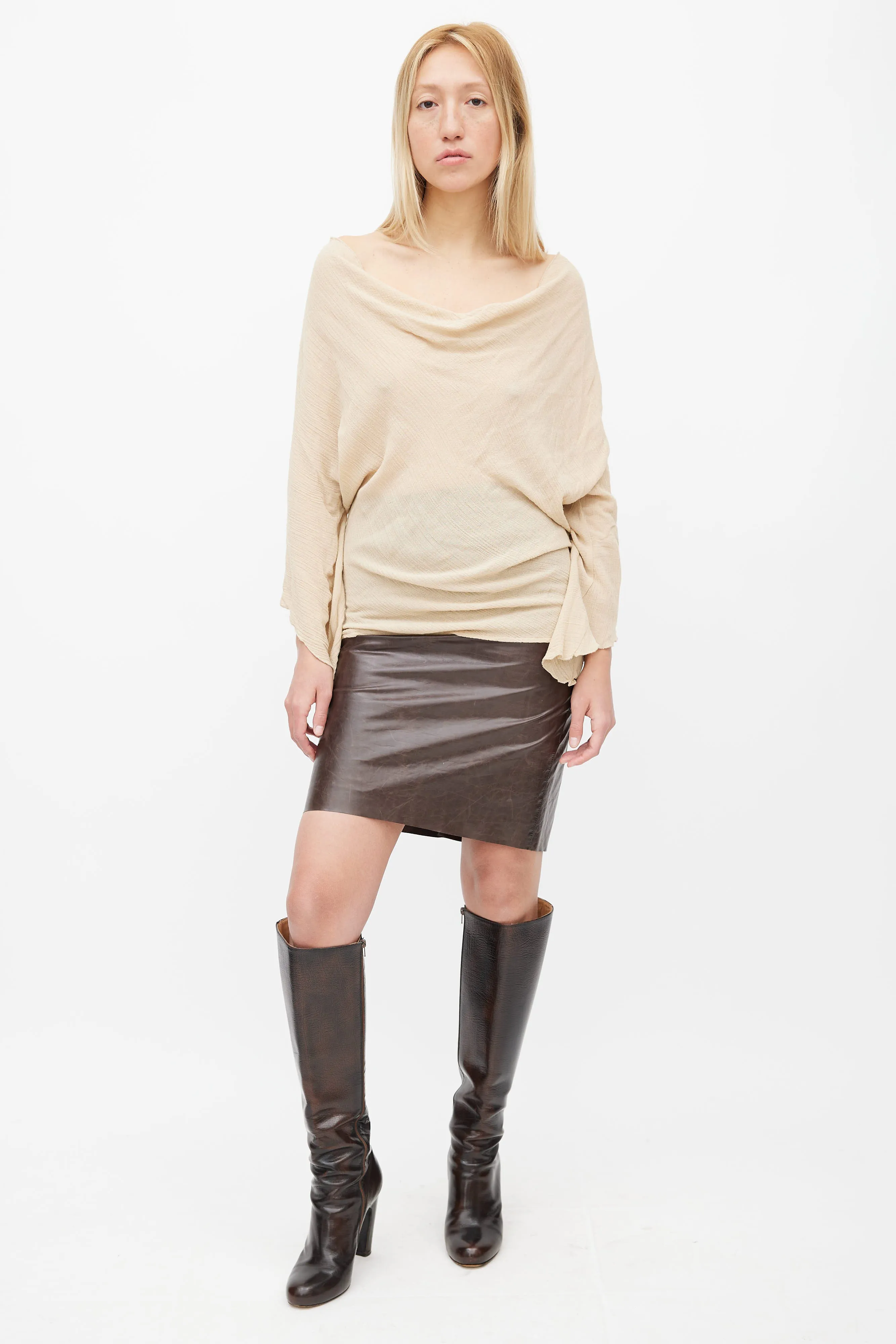 Beige Semi Sheer Cowl Neck Top