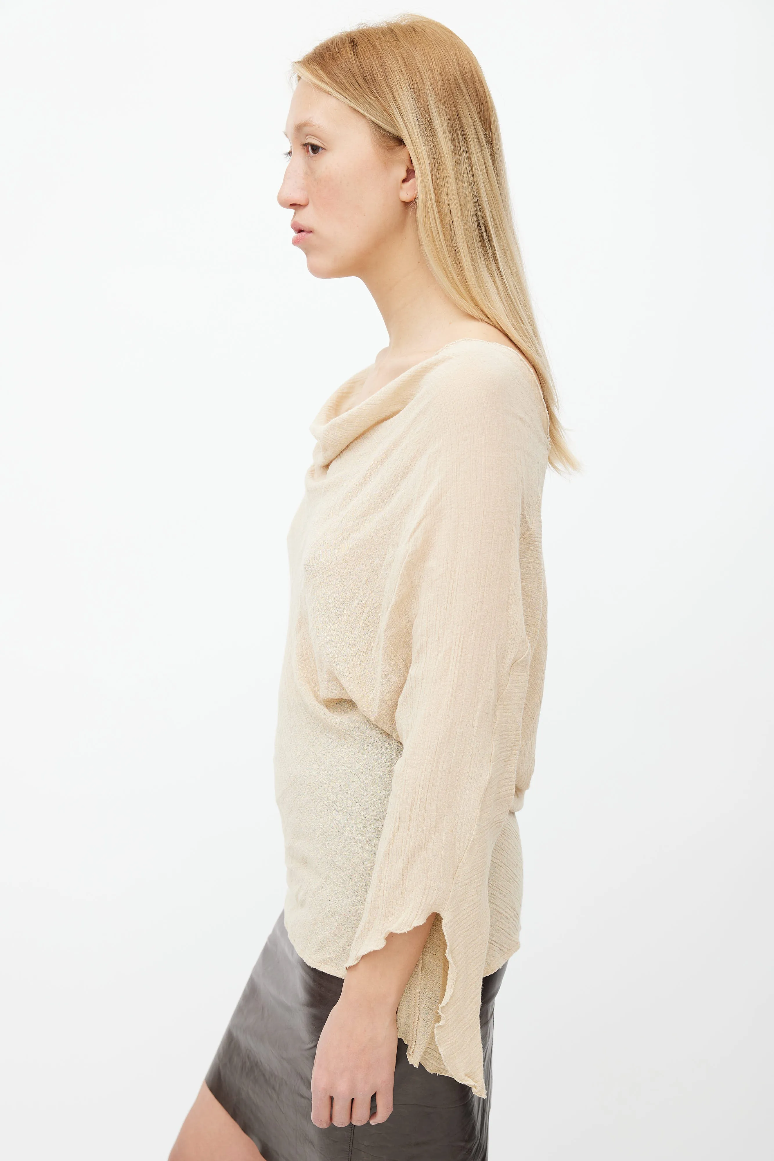 Beige Semi Sheer Cowl Neck Top