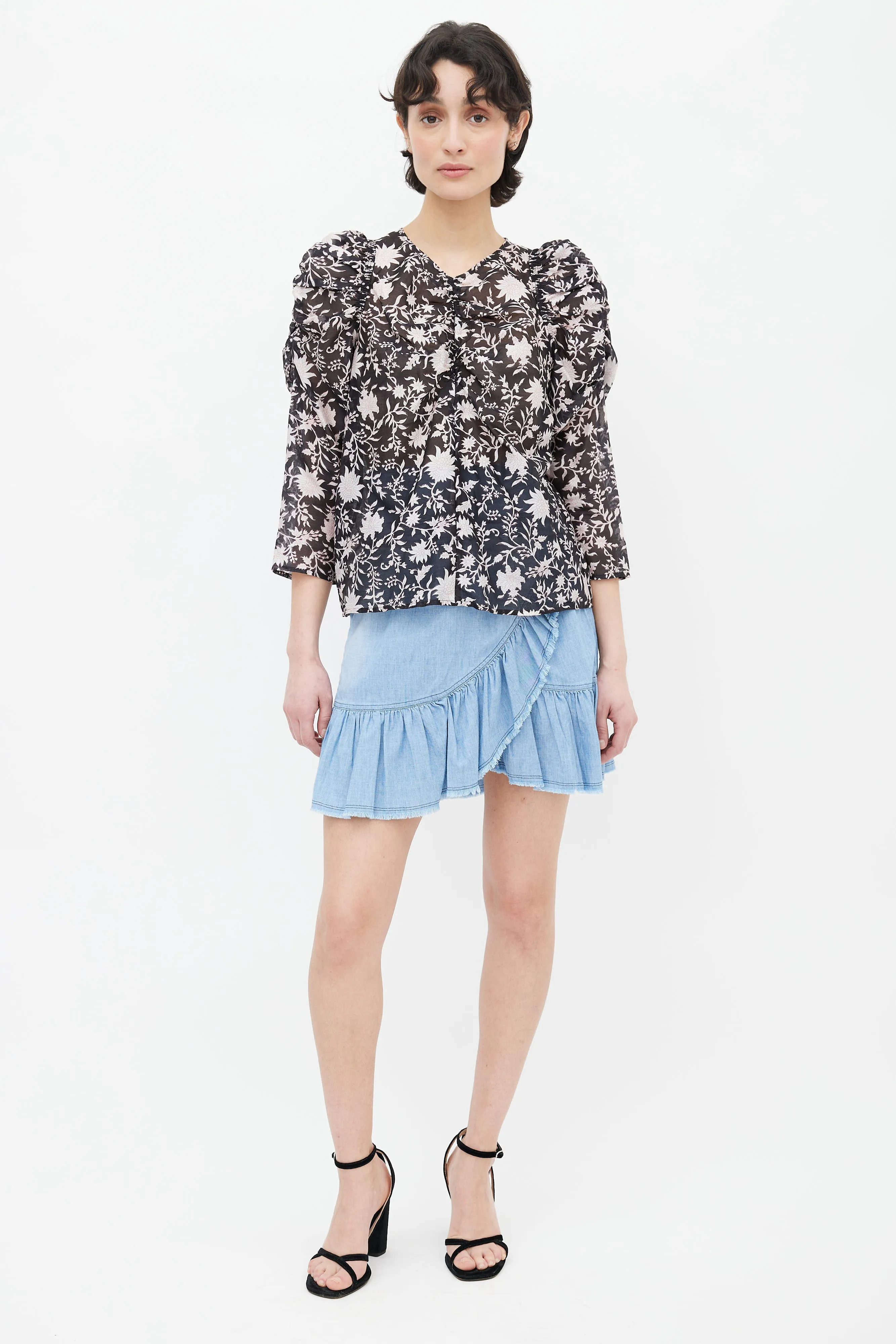 Black Silk & Cotton Printed Pink Floral Sheer Blouse