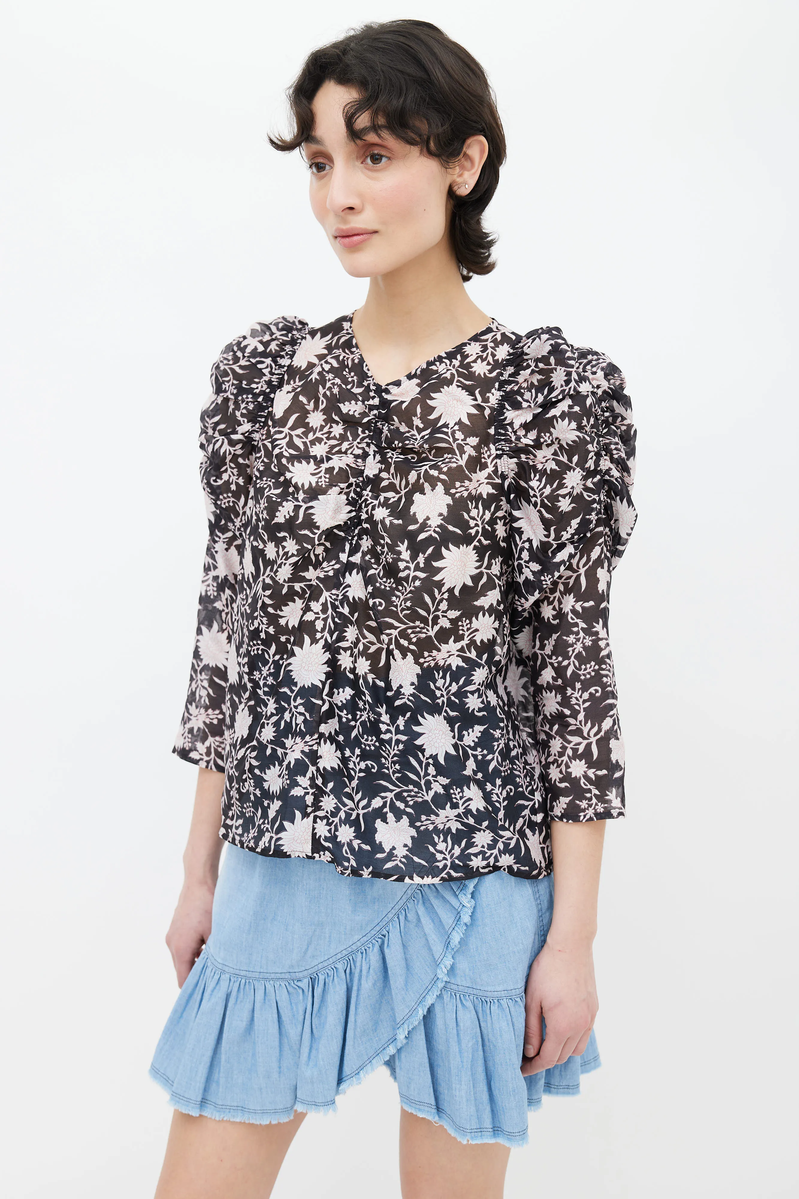 Black Silk & Cotton Printed Pink Floral Sheer Blouse