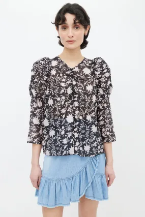 Black Silk & Cotton Printed Pink Floral Sheer Blouse