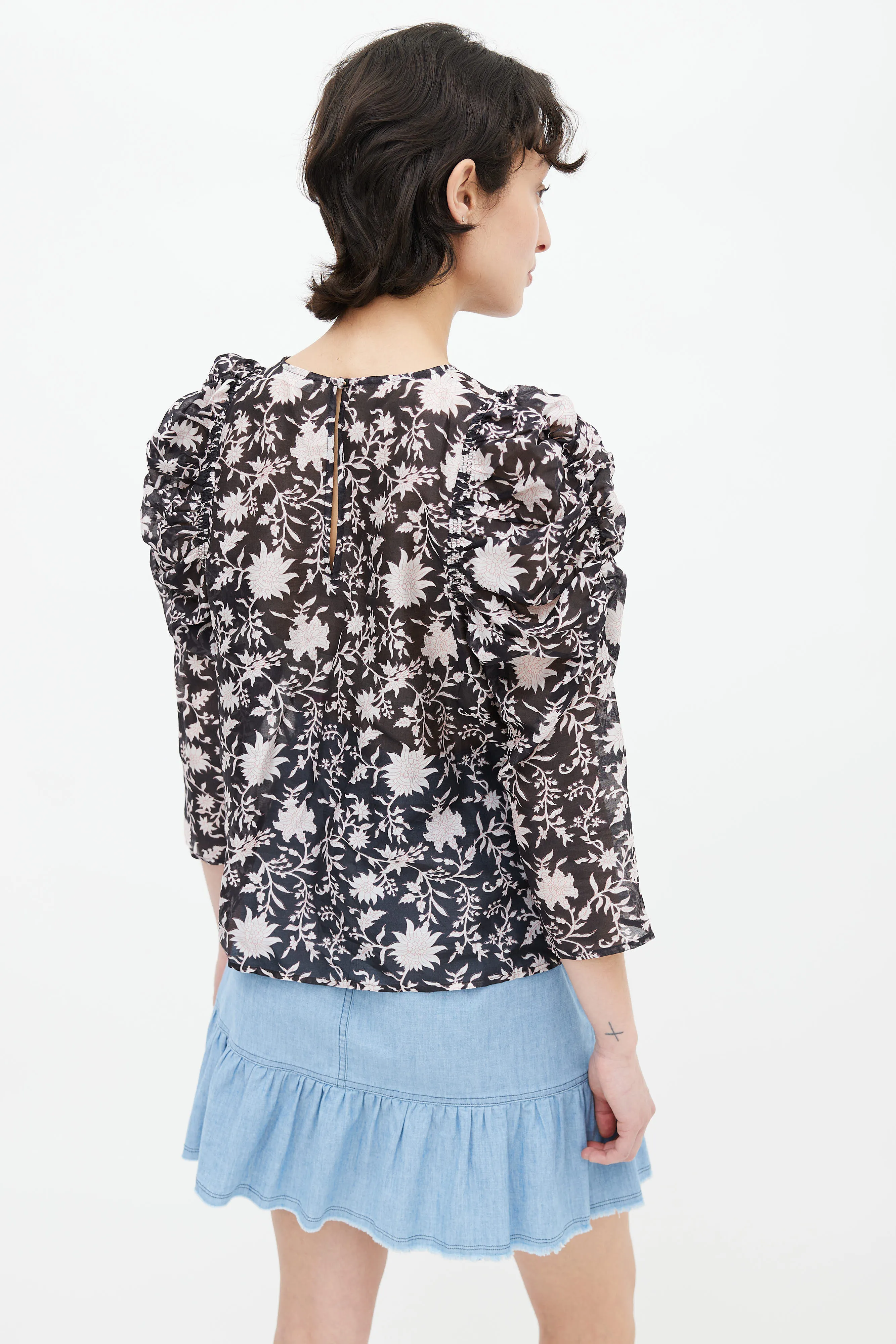 Black Silk & Cotton Printed Pink Floral Sheer Blouse