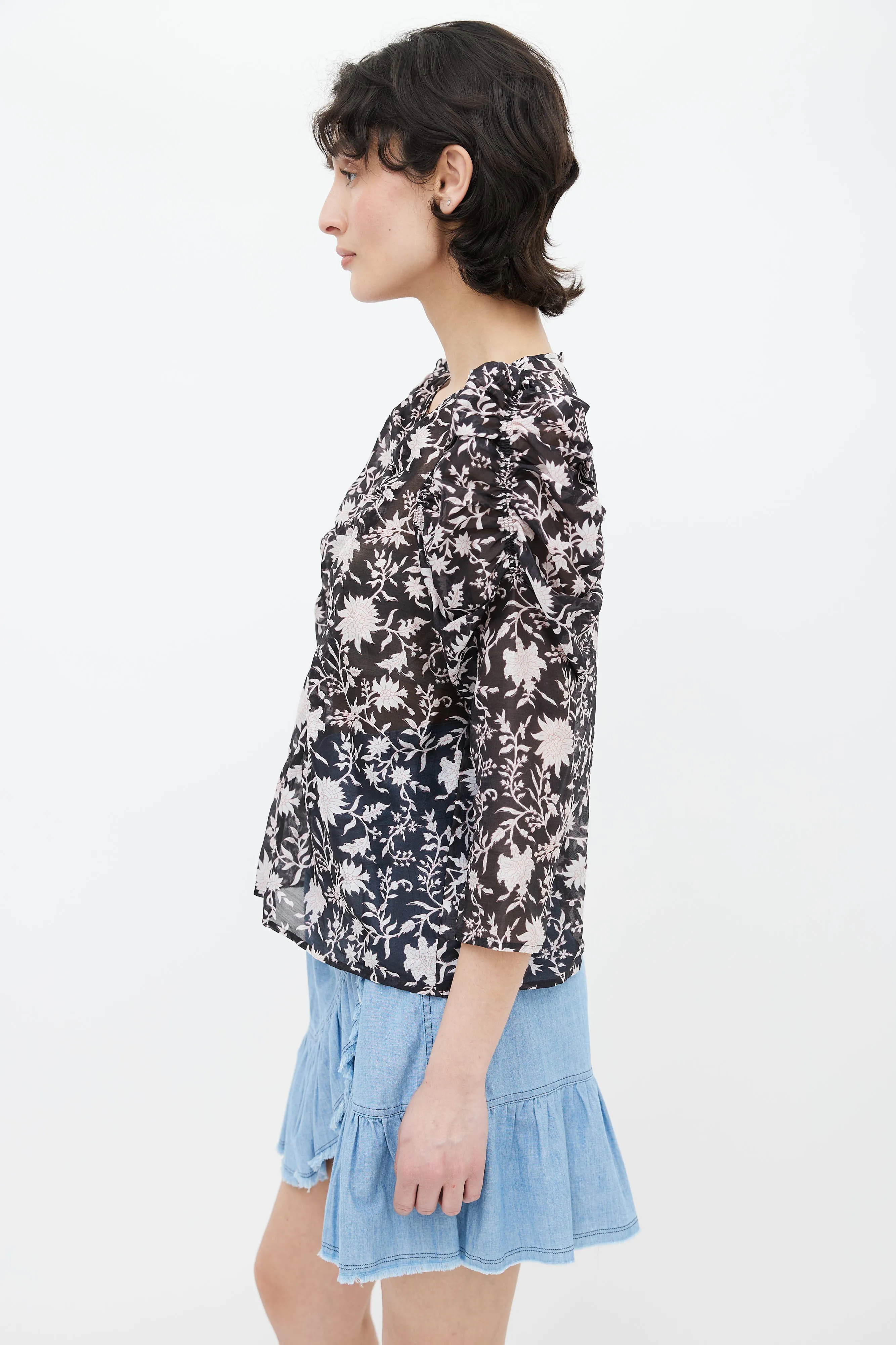 Black Silk & Cotton Printed Pink Floral Sheer Blouse