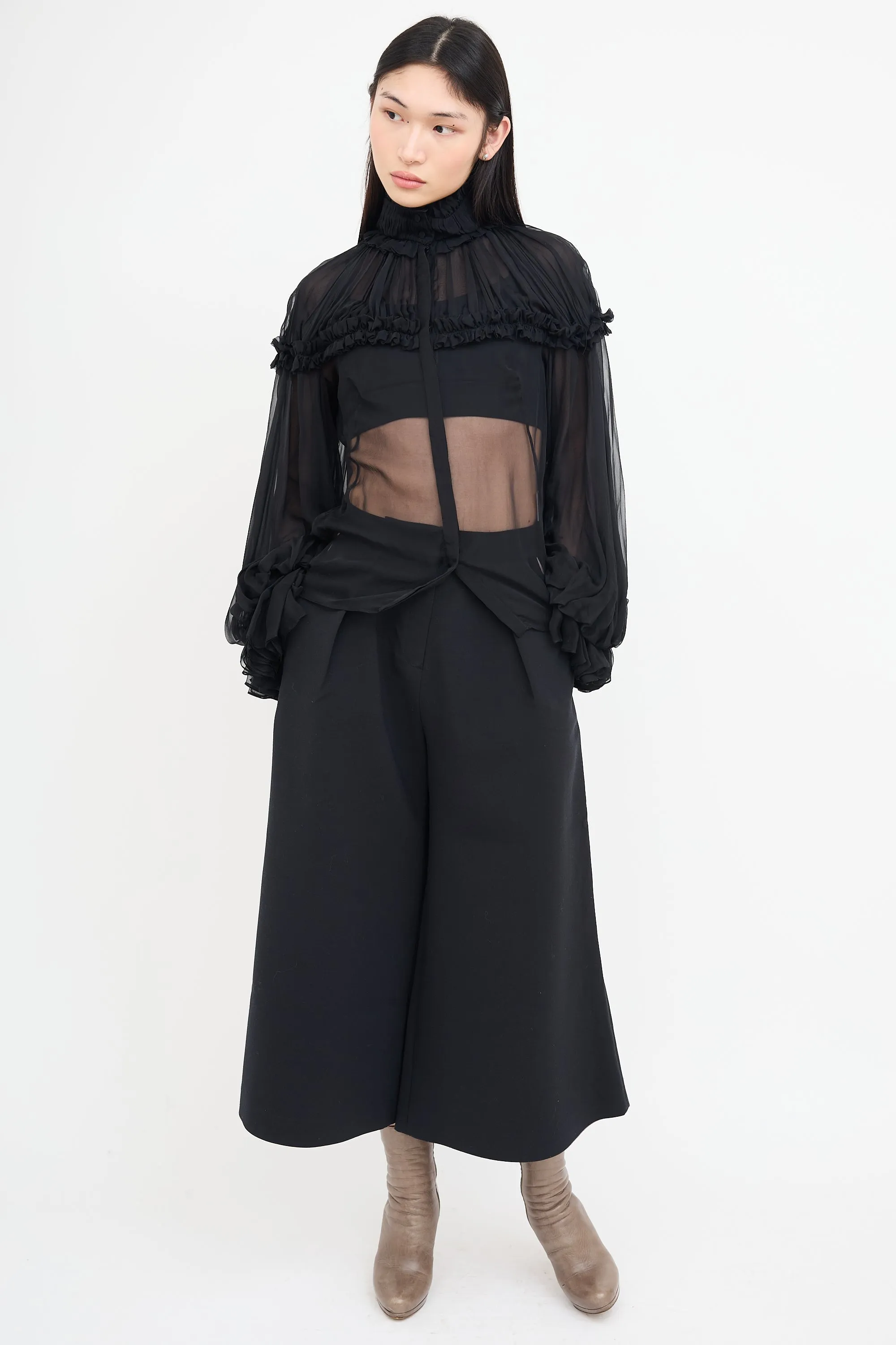 Black Silk Ruffle Sheer Blouse