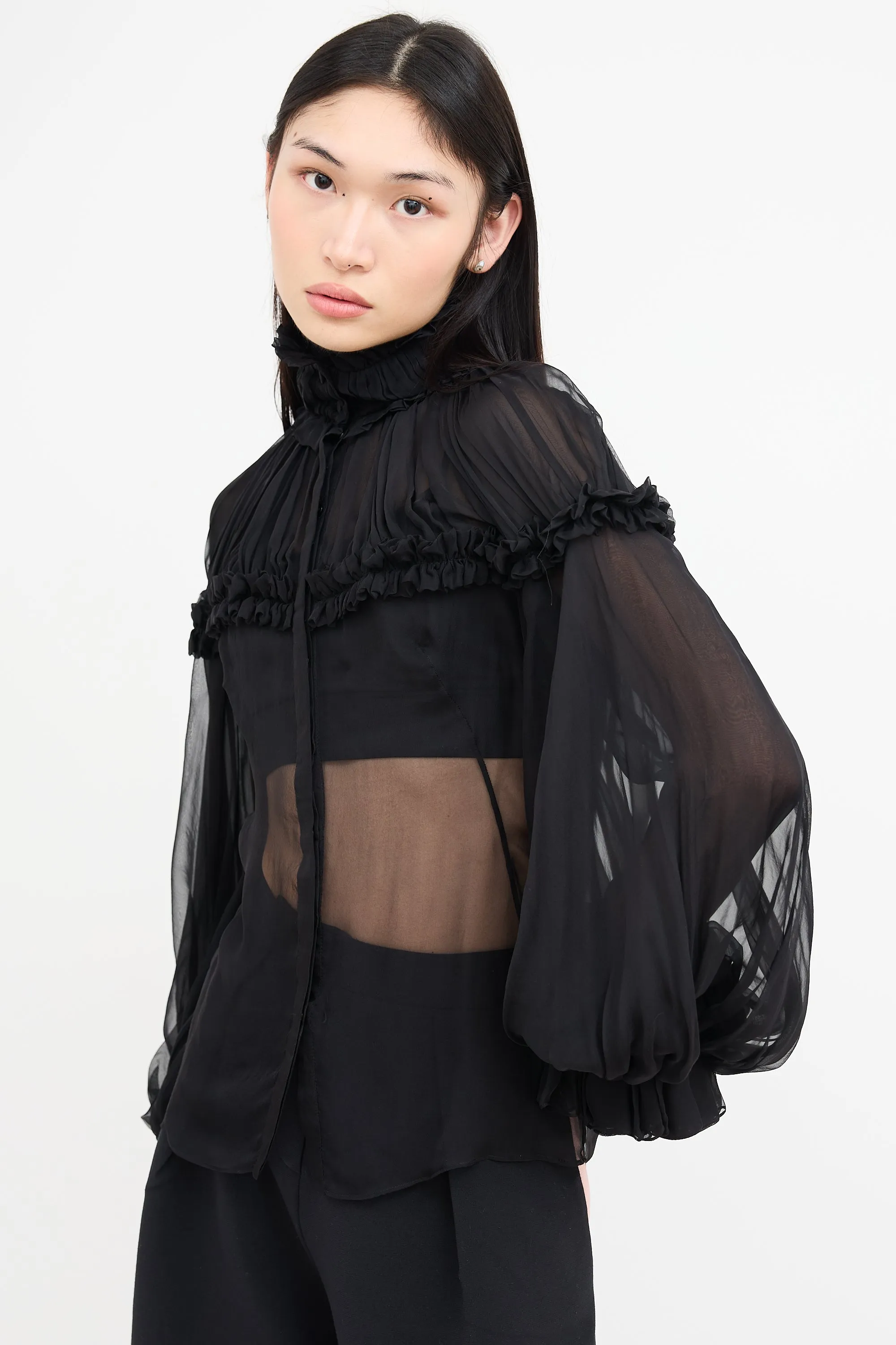 Black Silk Ruffle Sheer Blouse