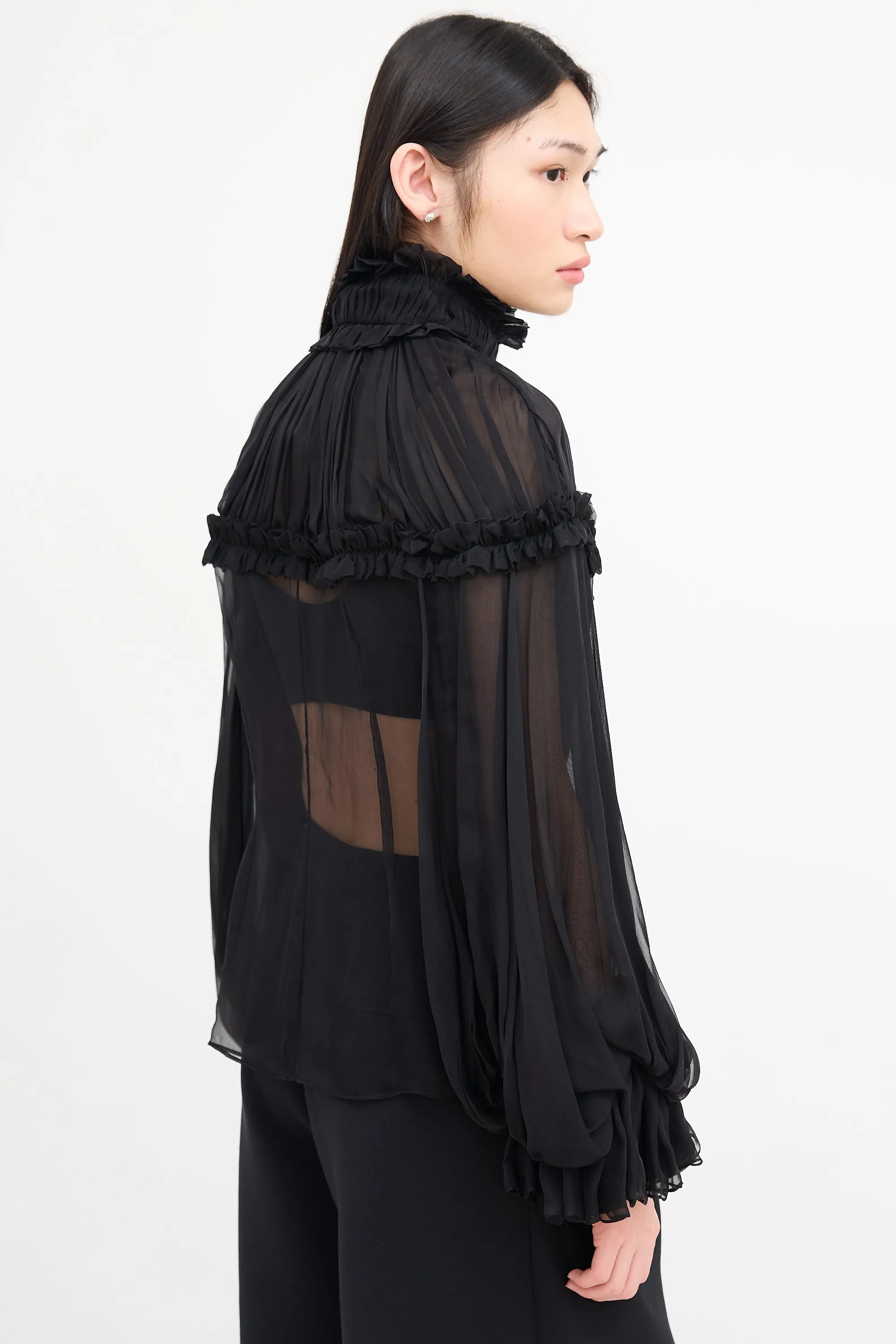 Black Silk Ruffle Sheer Blouse