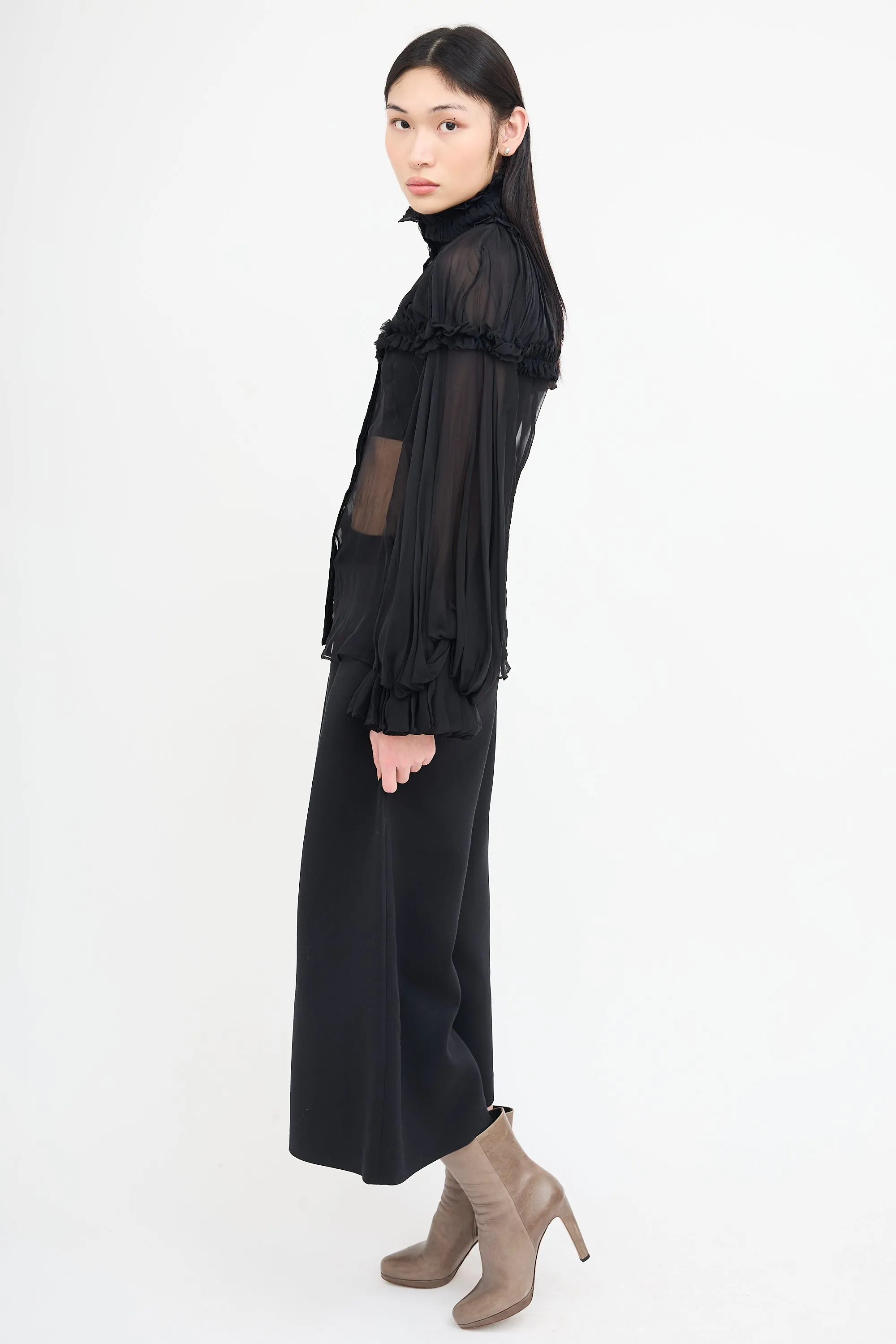 Black Silk Ruffle Sheer Blouse