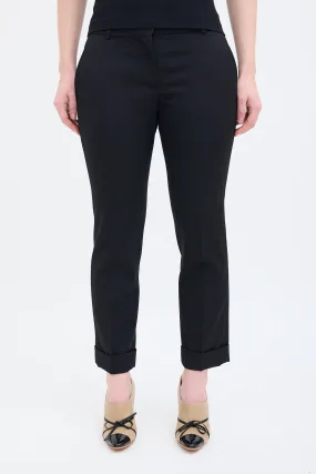 Black Wool Pleated Straight Leg Trouser