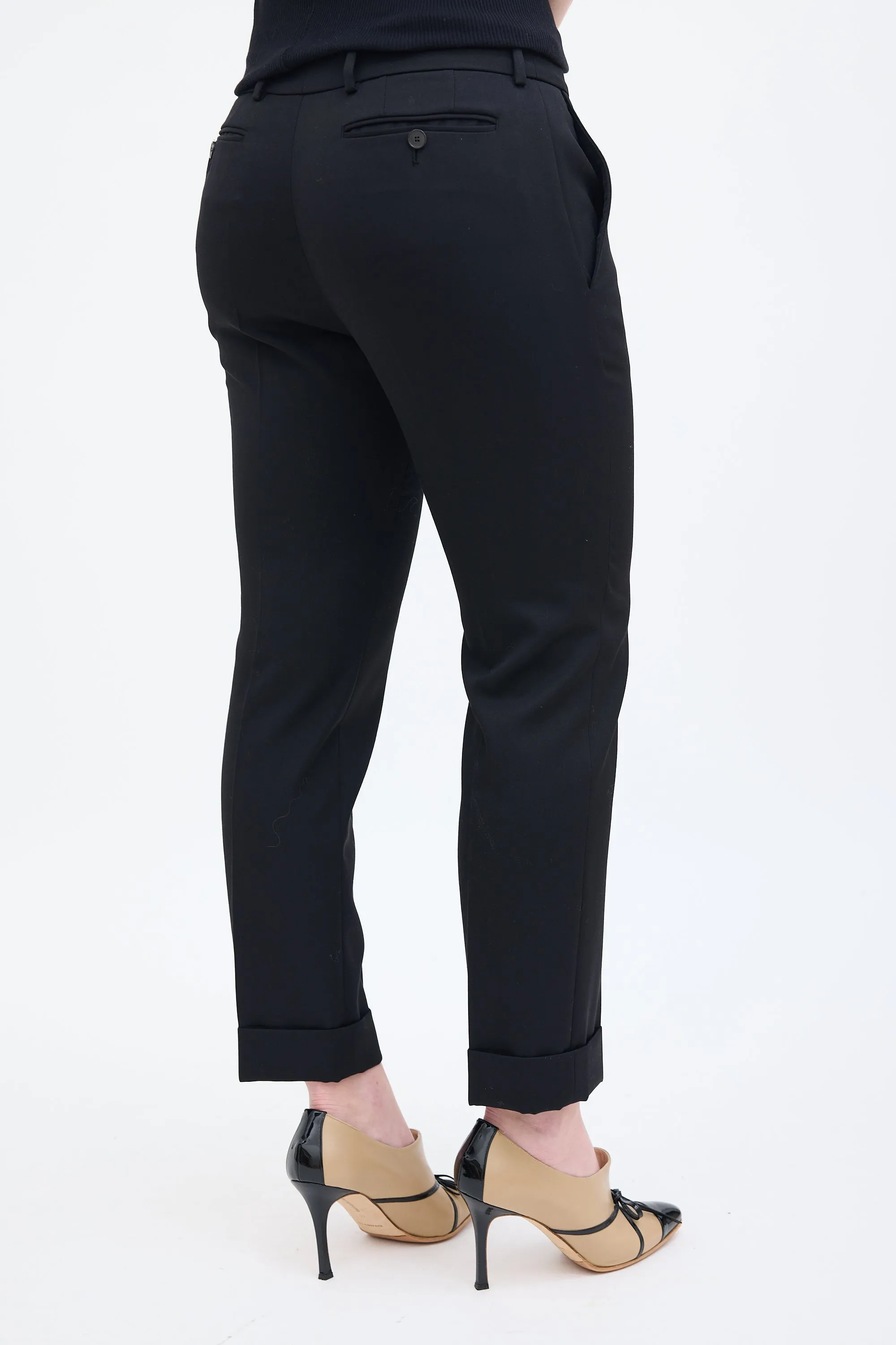 Black Wool Pleated Straight Leg Trouser