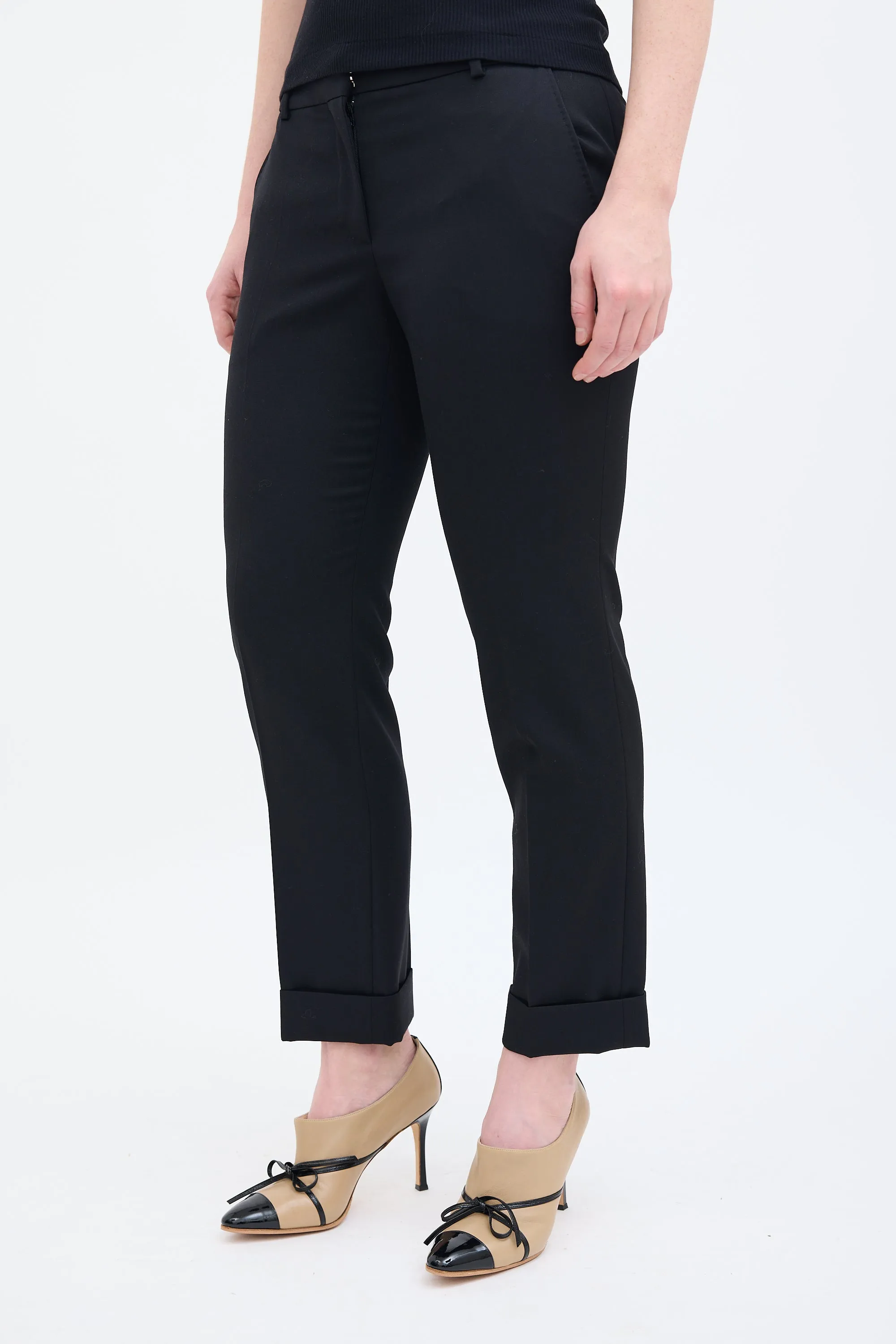 Black Wool Pleated Straight Leg Trouser