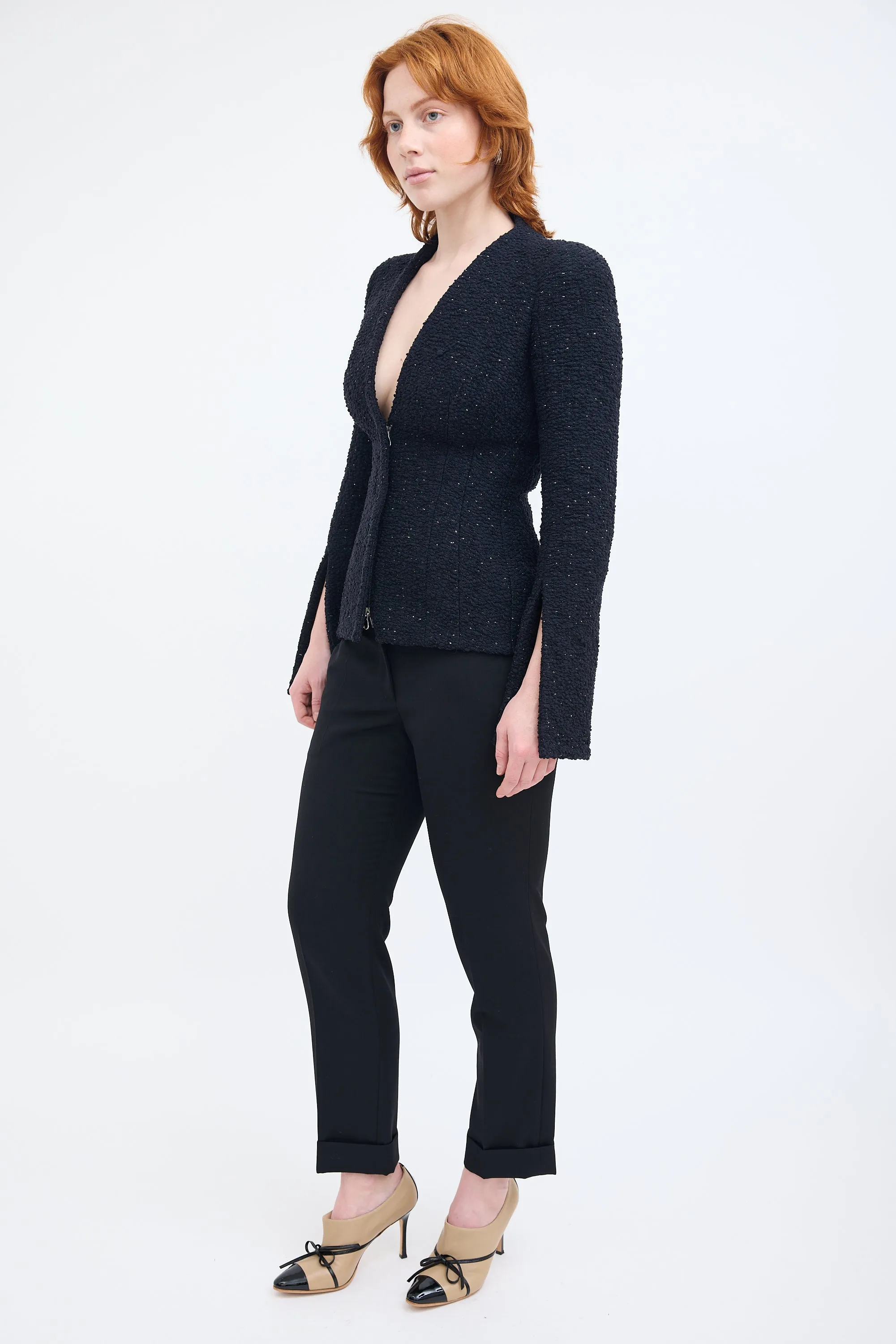 Black Wool Pleated Straight Leg Trouser