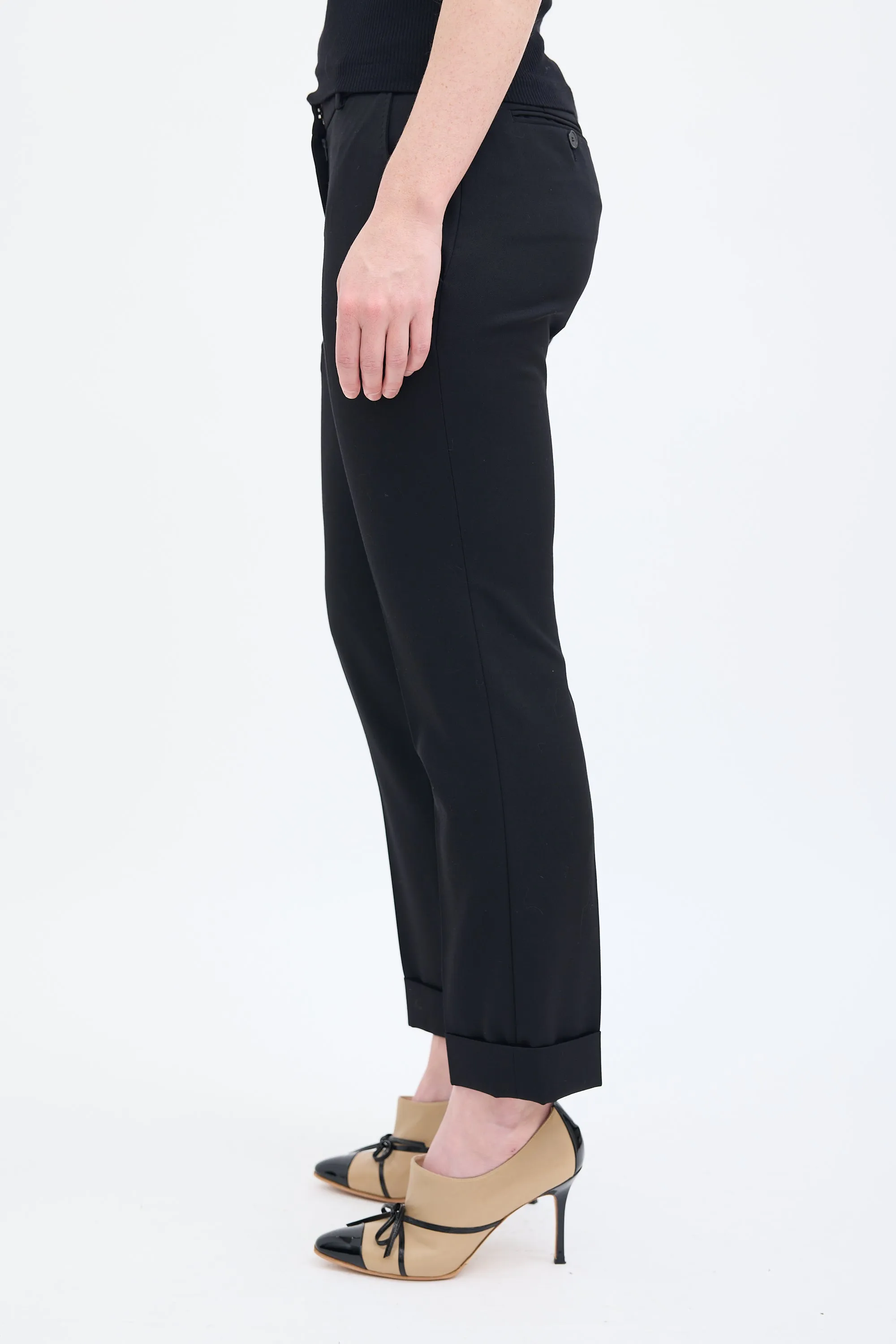 Black Wool Pleated Straight Leg Trouser