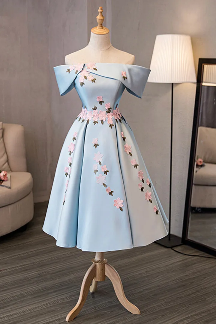 Blue Satin Off the Shoulder Prom Dresses A-Line Homecoming Dresses With Flowers