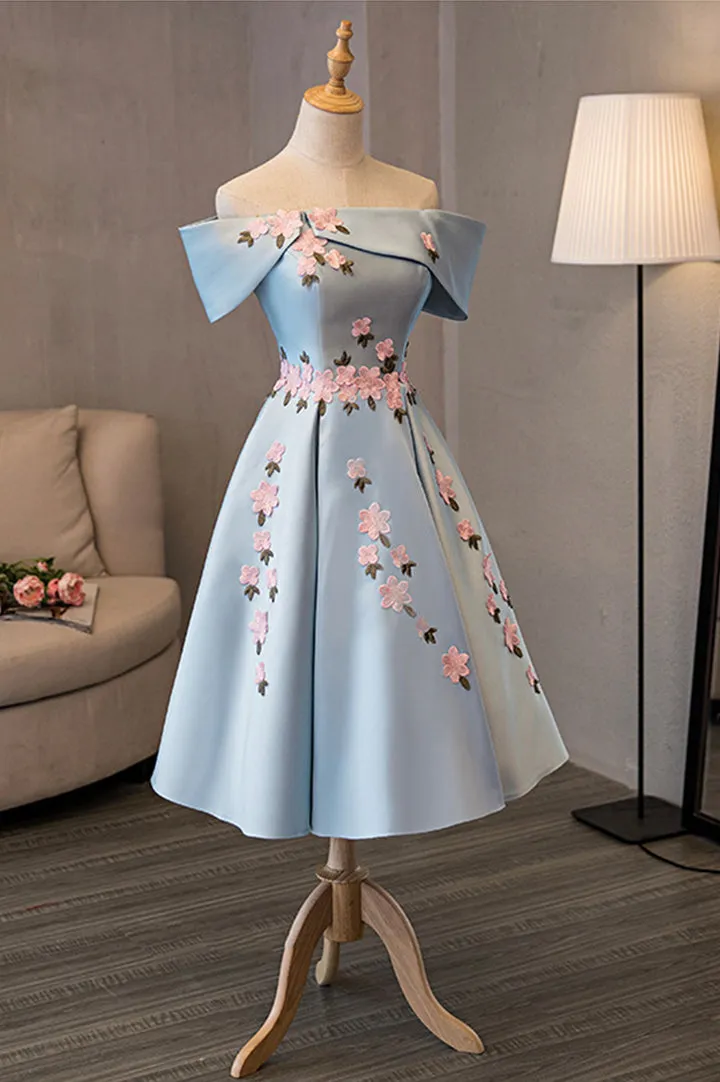 Blue Satin Off the Shoulder Prom Dresses A-Line Homecoming Dresses With Flowers