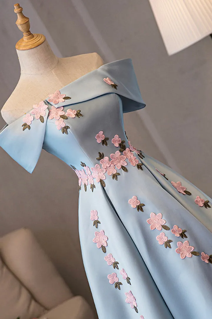 Blue Satin Off the Shoulder Prom Dresses A-Line Homecoming Dresses With Flowers