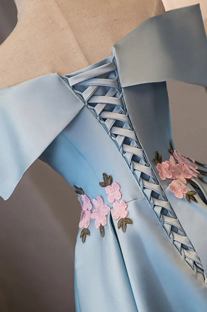 Blue Satin Off the Shoulder Prom Dresses A-Line Homecoming Dresses With Flowers