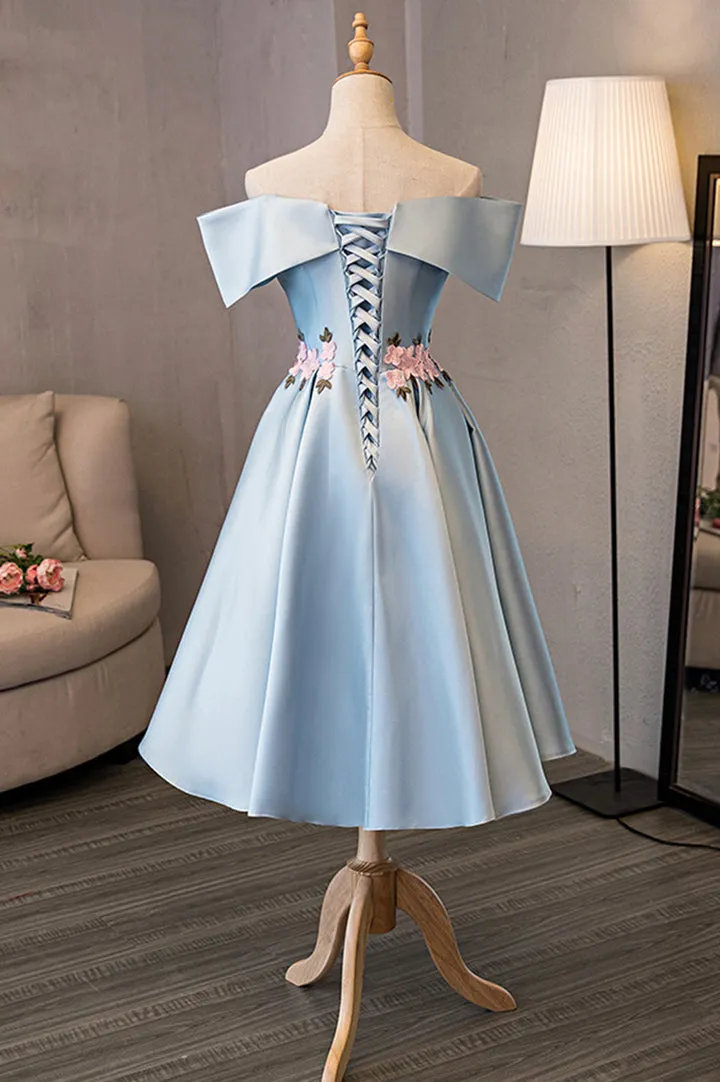 Blue Satin Off the Shoulder Prom Dresses A-Line Homecoming Dresses With Flowers