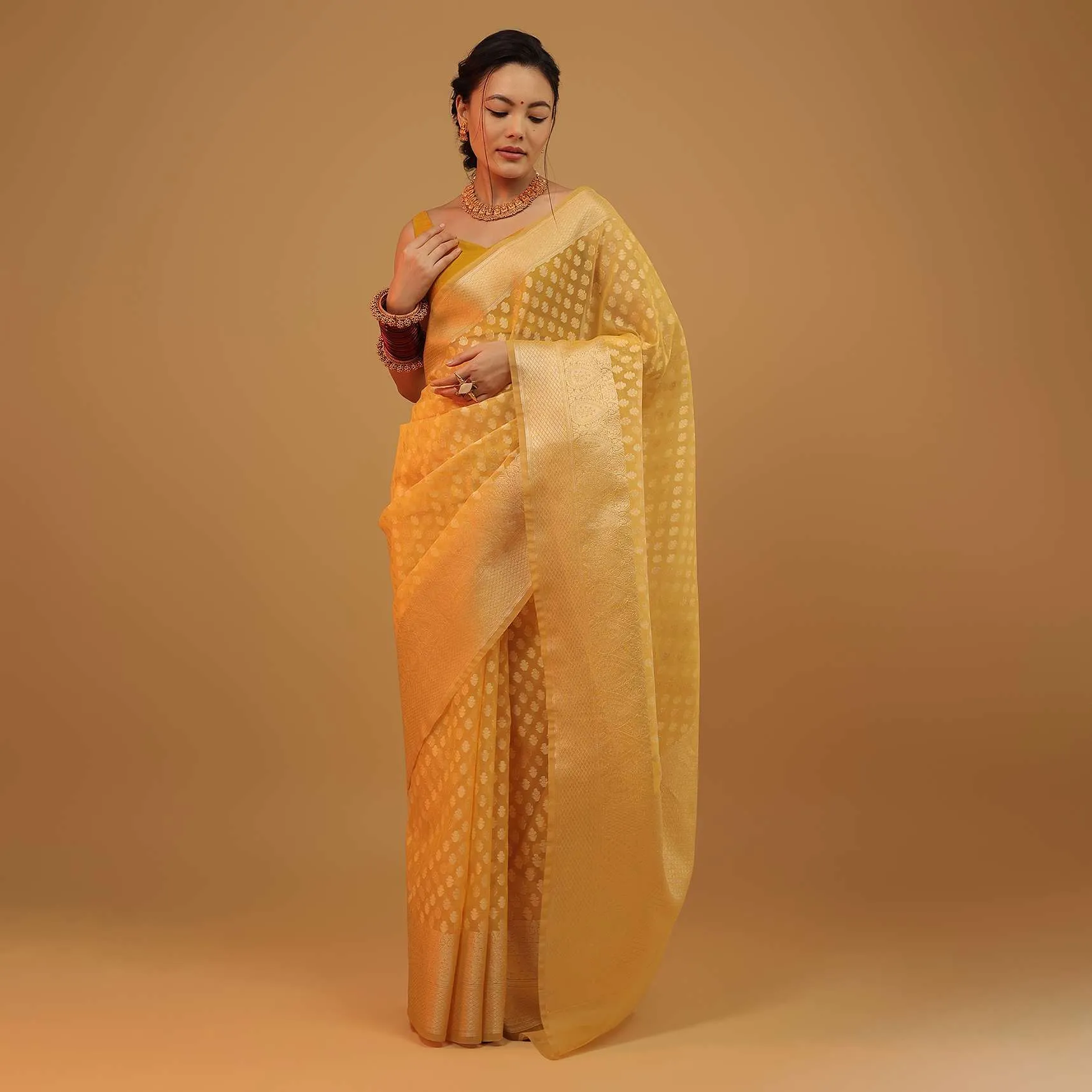 Chrome Amber Yellow Saree In Cotton And Banarasi Chanderi Butti Woven Pattern