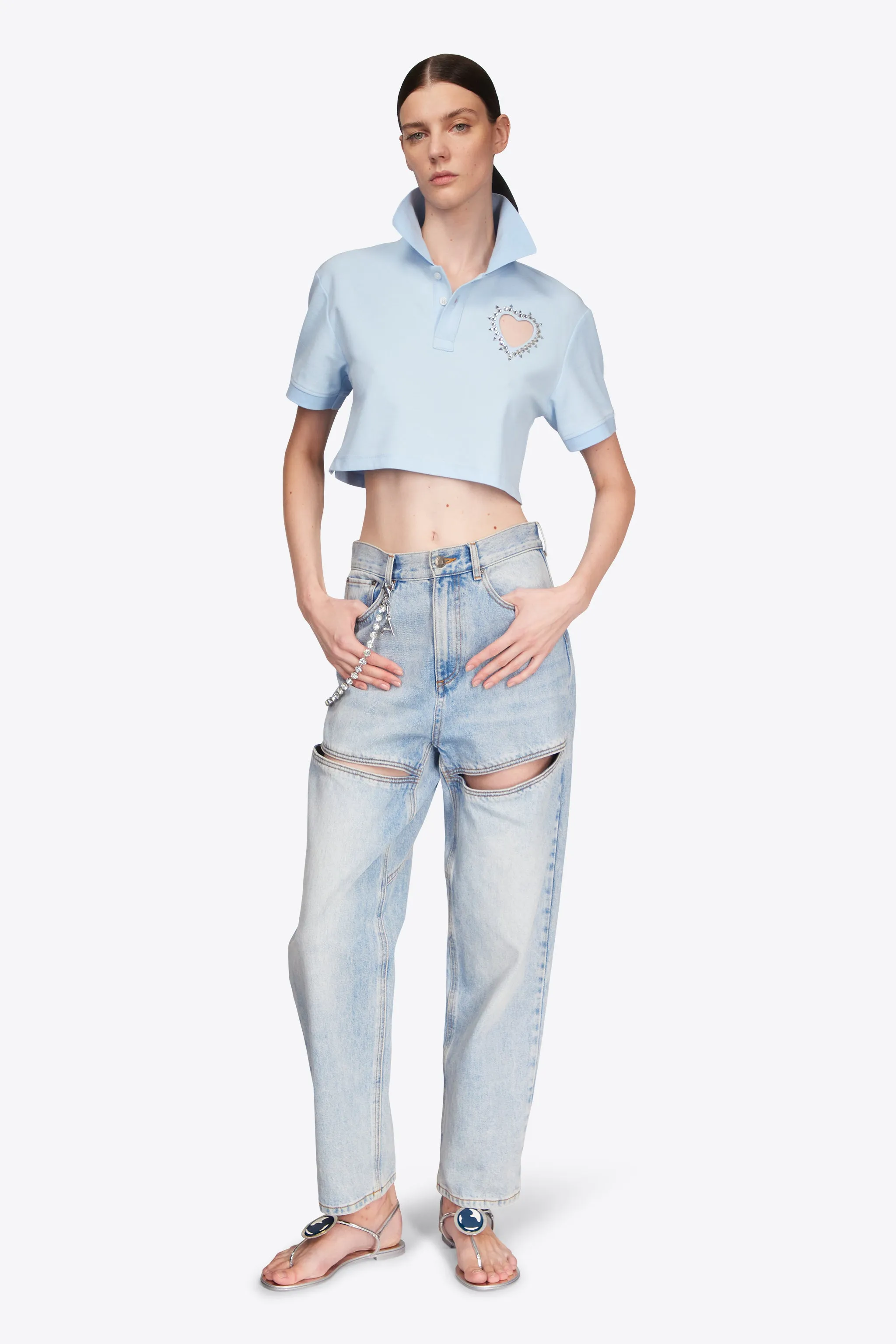 Crystal Heart Cutout Cropped Polo