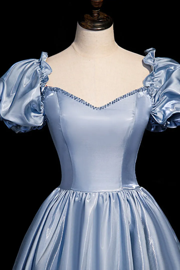 Cute Satin Long Prom Dresses Blue Short Sleeve A-Line Evening Dresses Off Shoulder