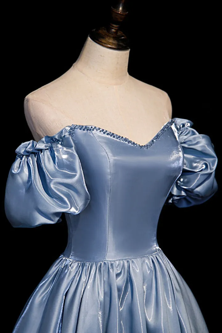 Cute Satin Long Prom Dresses Blue Short Sleeve A-Line Evening Dresses Off Shoulder