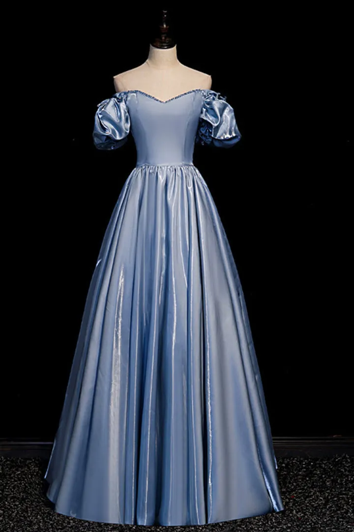Cute Satin Long Prom Dresses Blue Short Sleeve A-Line Evening Dresses Off Shoulder