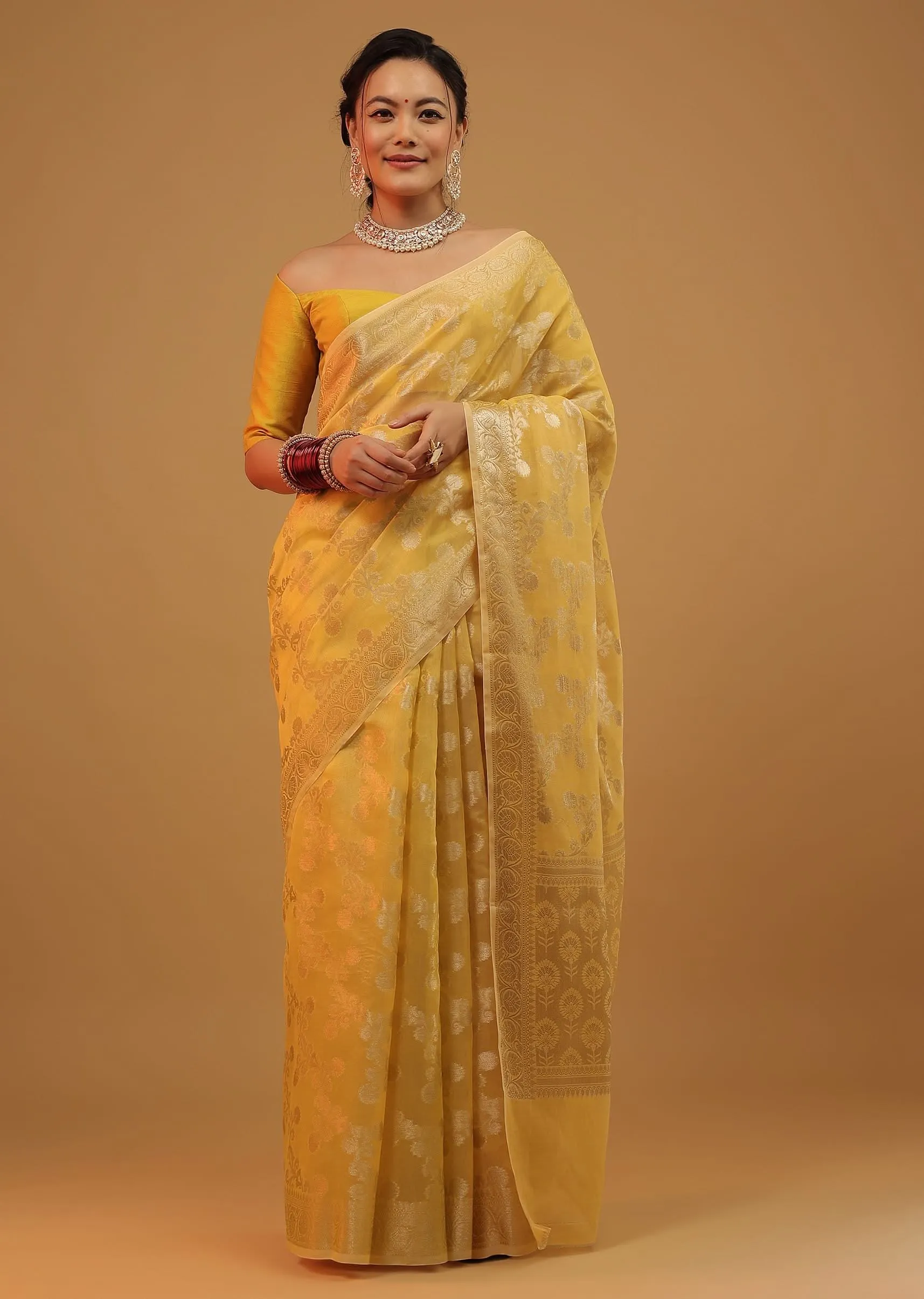 Daffodil Yellow Saree In Pure Handloom Cotton Woven In Banarasi Chanderi