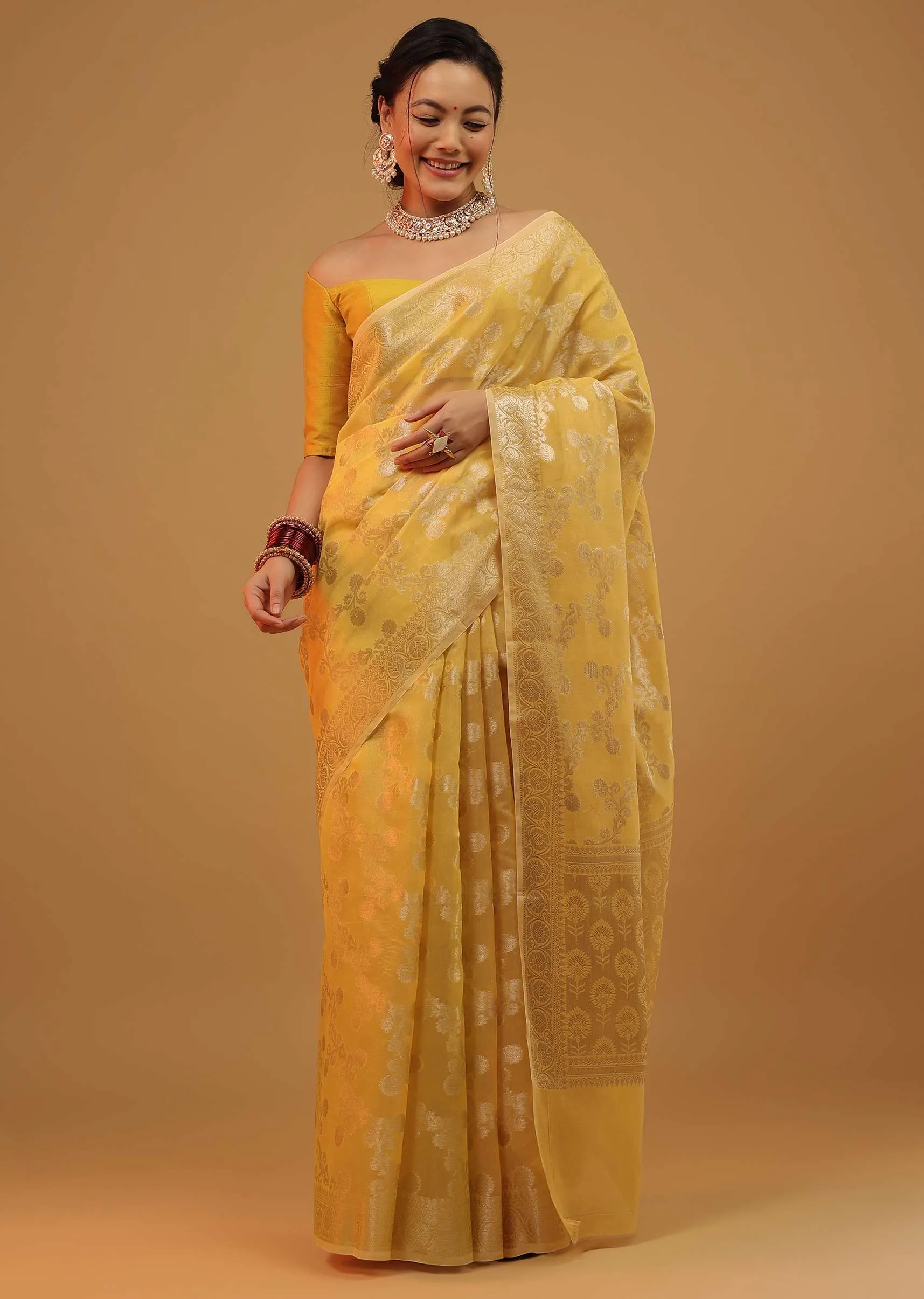 Daffodil Yellow Saree In Pure Handloom Cotton Woven In Banarasi Chanderi