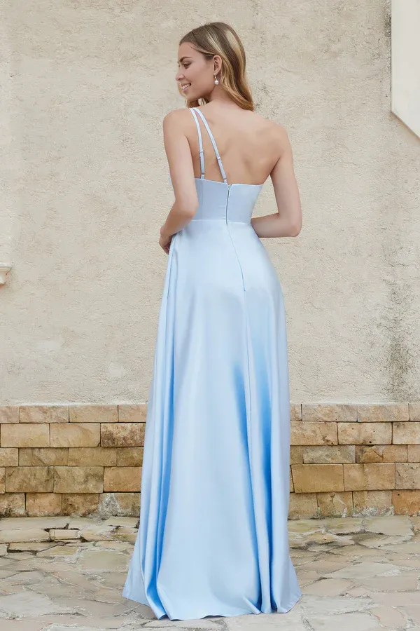 Elegant A-Line Bridesmaid Dresses One Shoulder Satin Dress With Slit Wedding Guest Dresses
