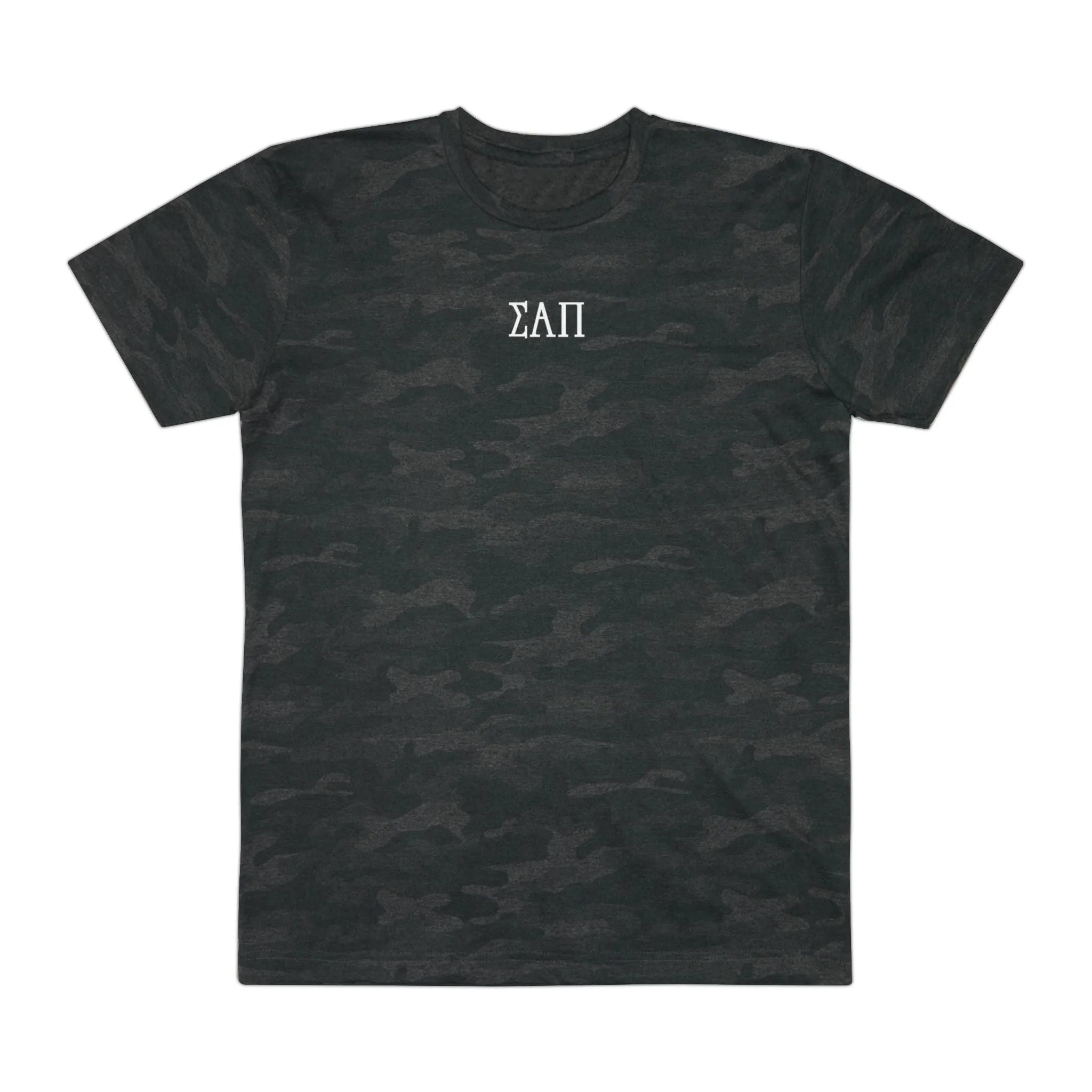 Elite Sigma Alpha Pi T-Shirt - White on Black Camo