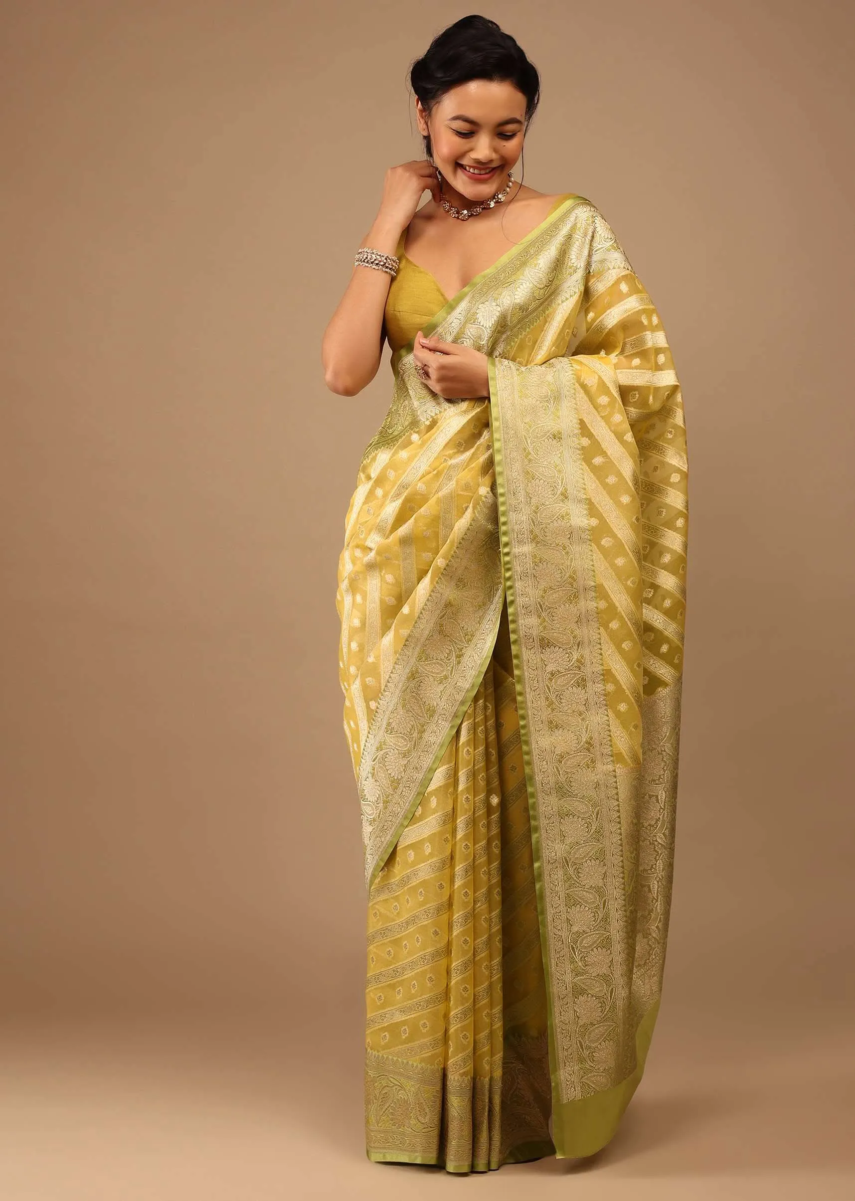 Gold Toned Saree In Chanderi Tissue Handloom With Banarasi Chanderi Weaving