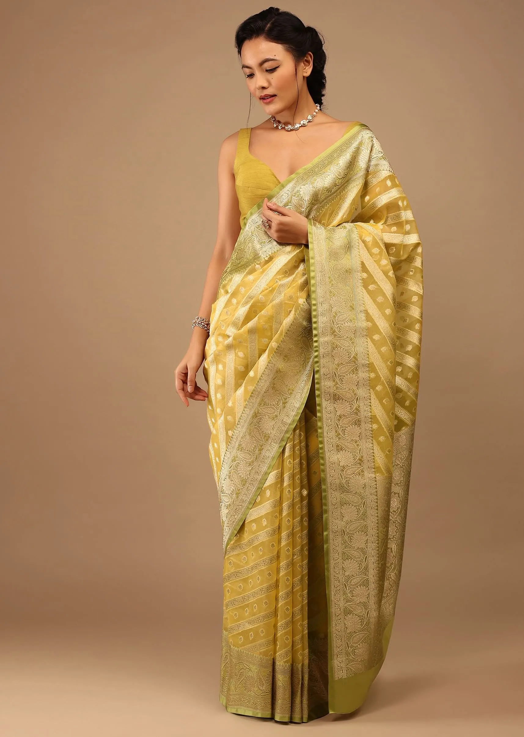 Gold Toned Saree In Chanderi Tissue Handloom With Banarasi Chanderi Weaving