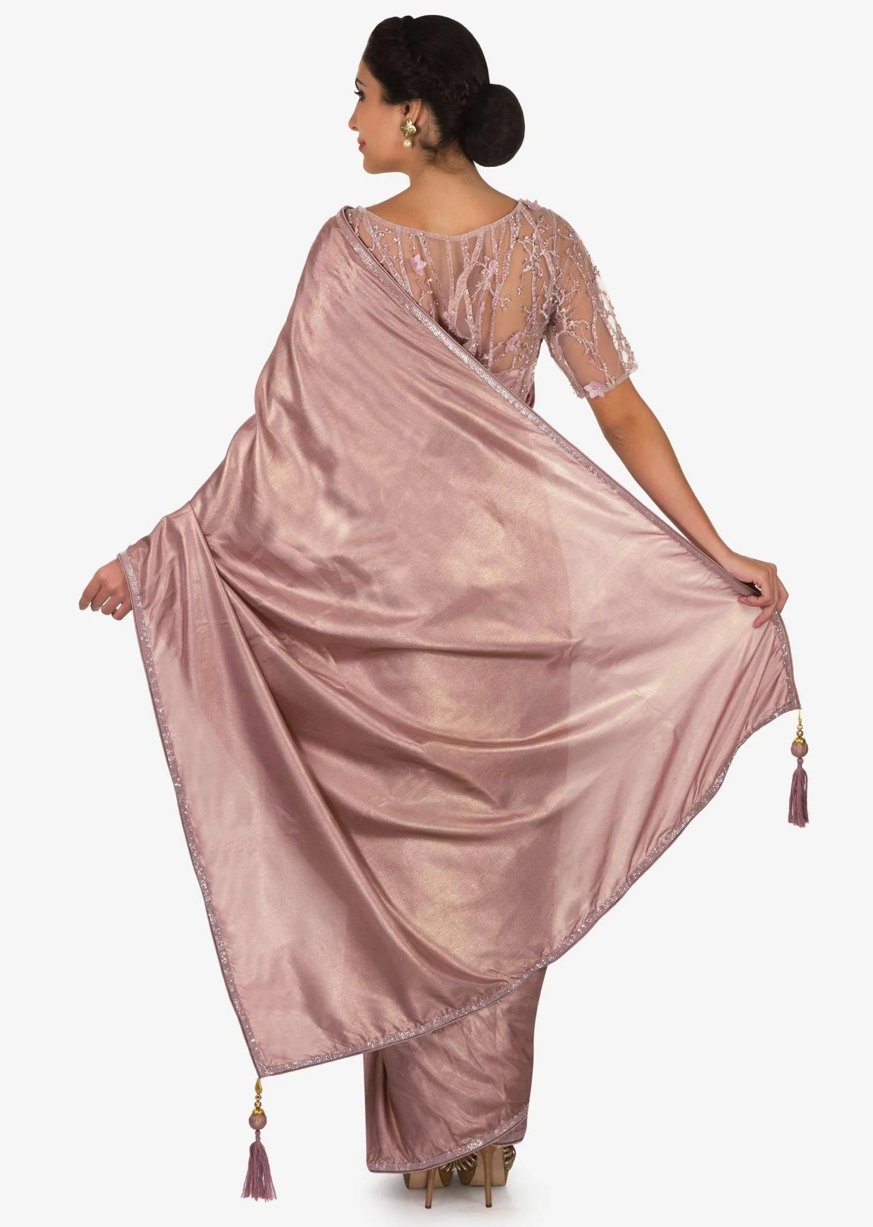 Light violet saree with ready stitched blouse beautified with cut dana embroidery work only on Kalki