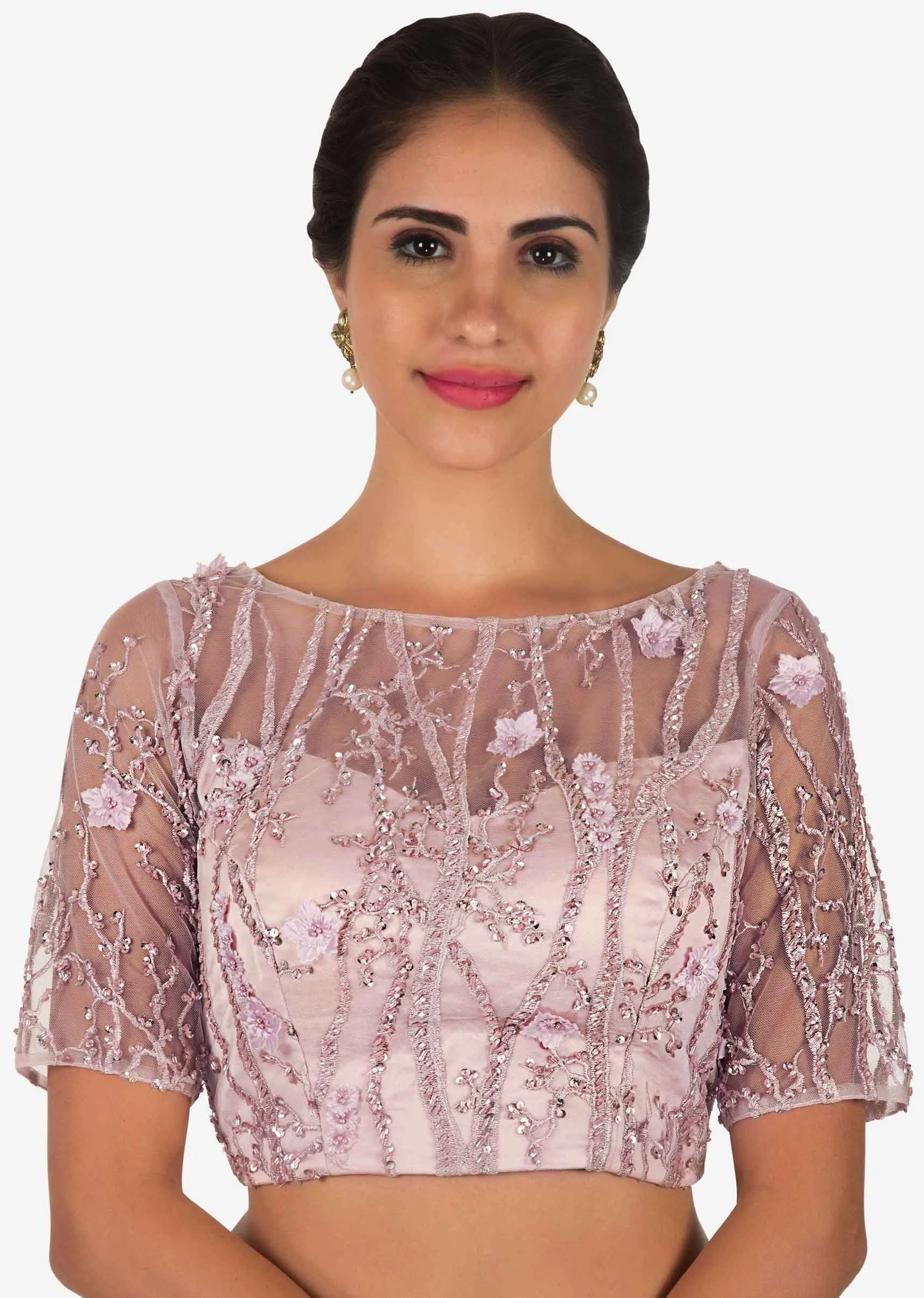 Light violet saree with ready stitched blouse beautified with cut dana embroidery work only on Kalki