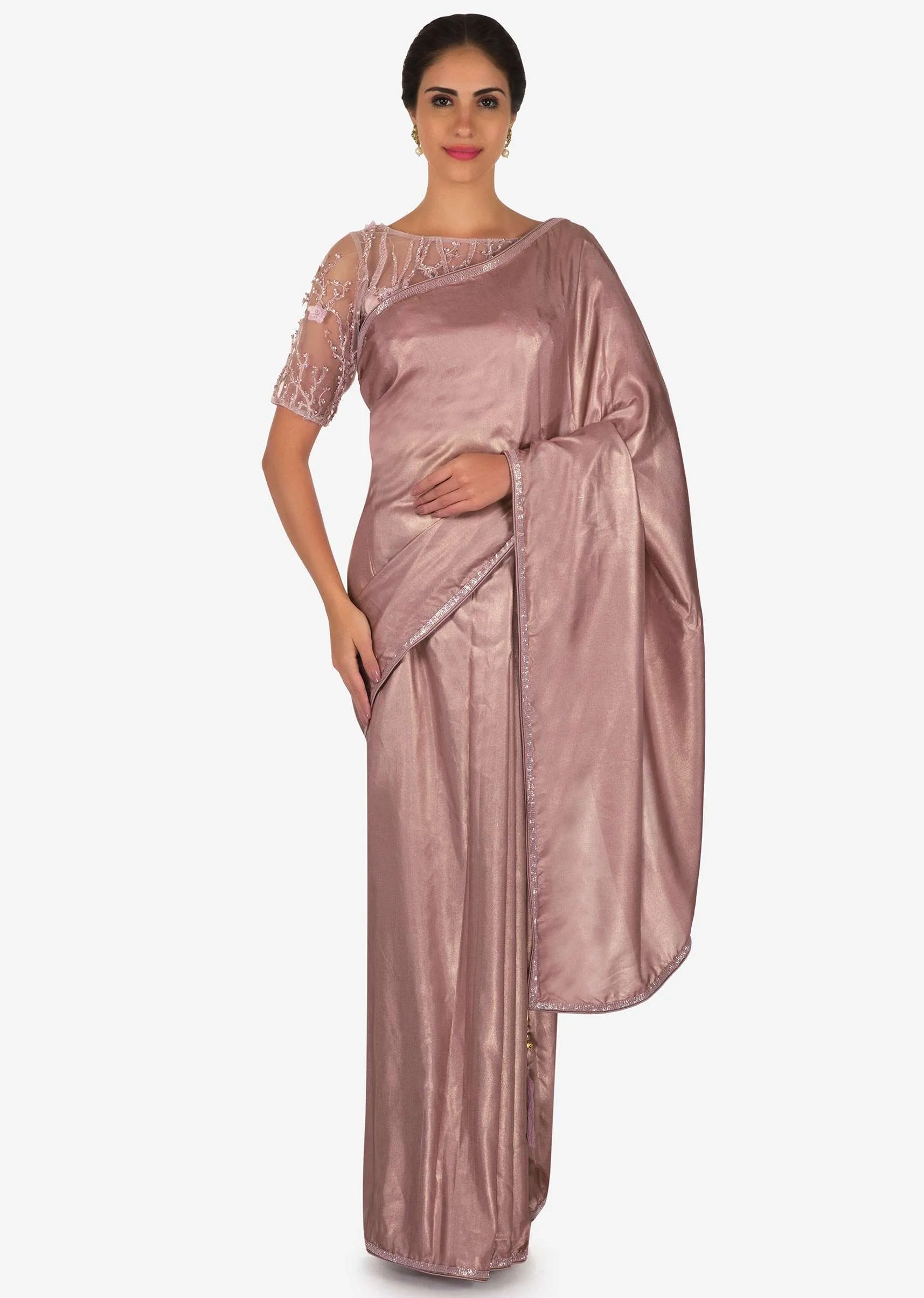 Light violet saree with ready stitched blouse beautified with cut dana embroidery work only on Kalki