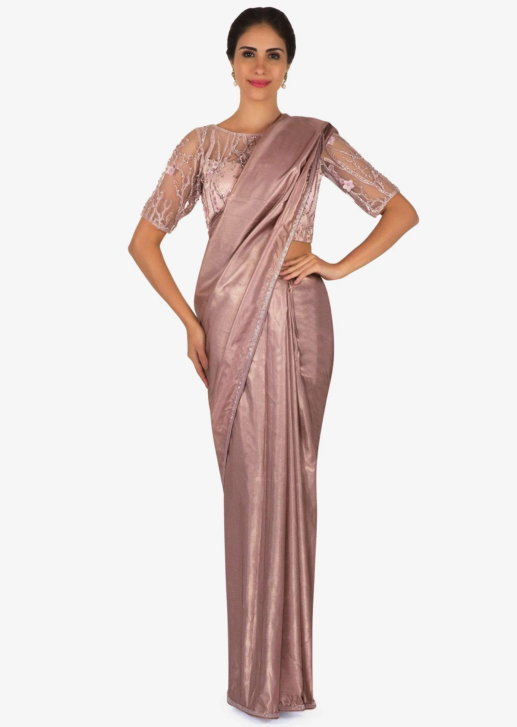 Light violet saree with ready stitched blouse beautified with cut dana embroidery work only on Kalki