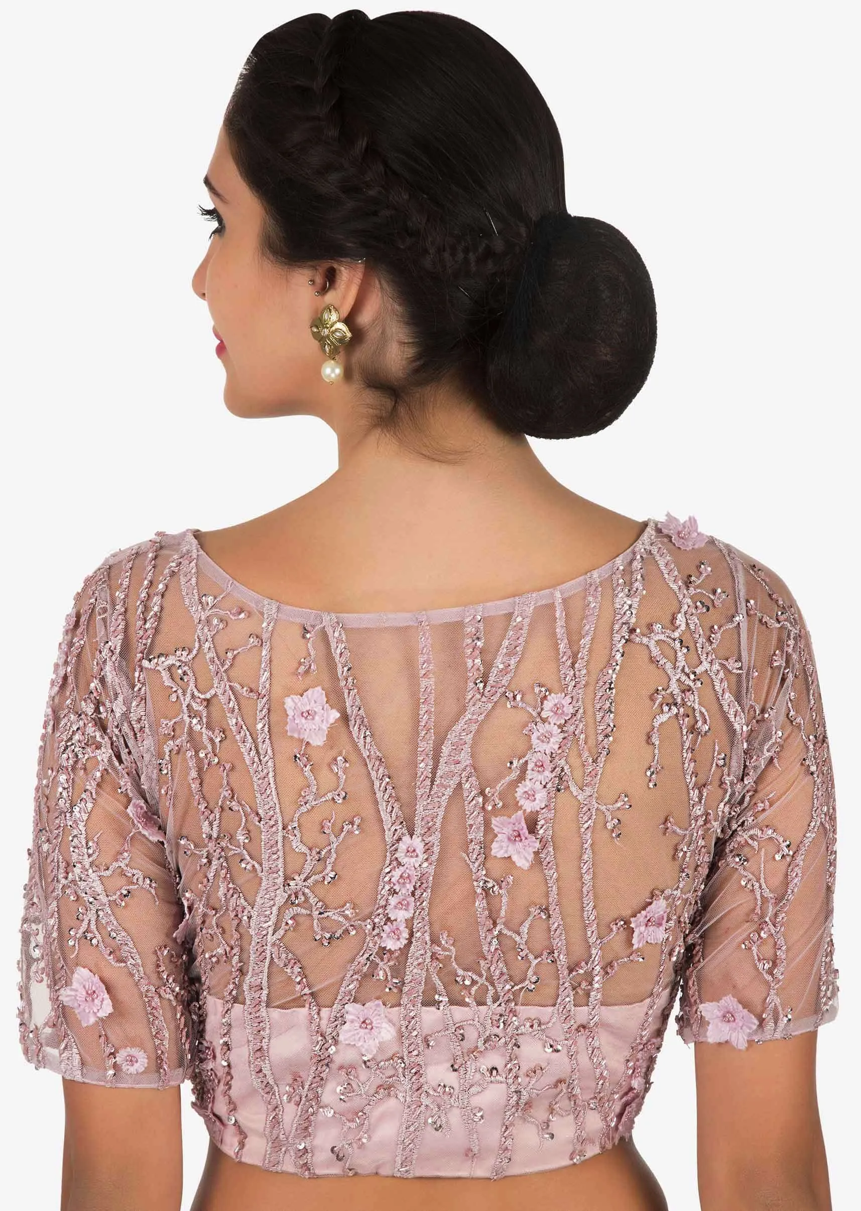 Light violet saree with ready stitched blouse beautified with cut dana embroidery work only on Kalki